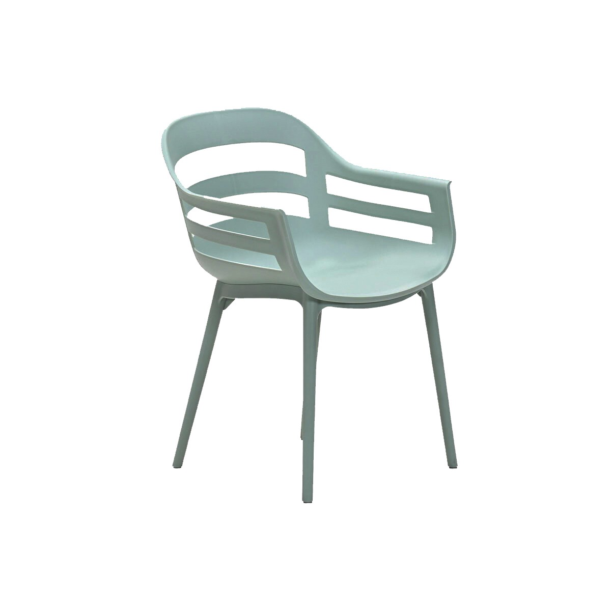 A light blue plastic armchair with slotted backrest and armrests on a white background.