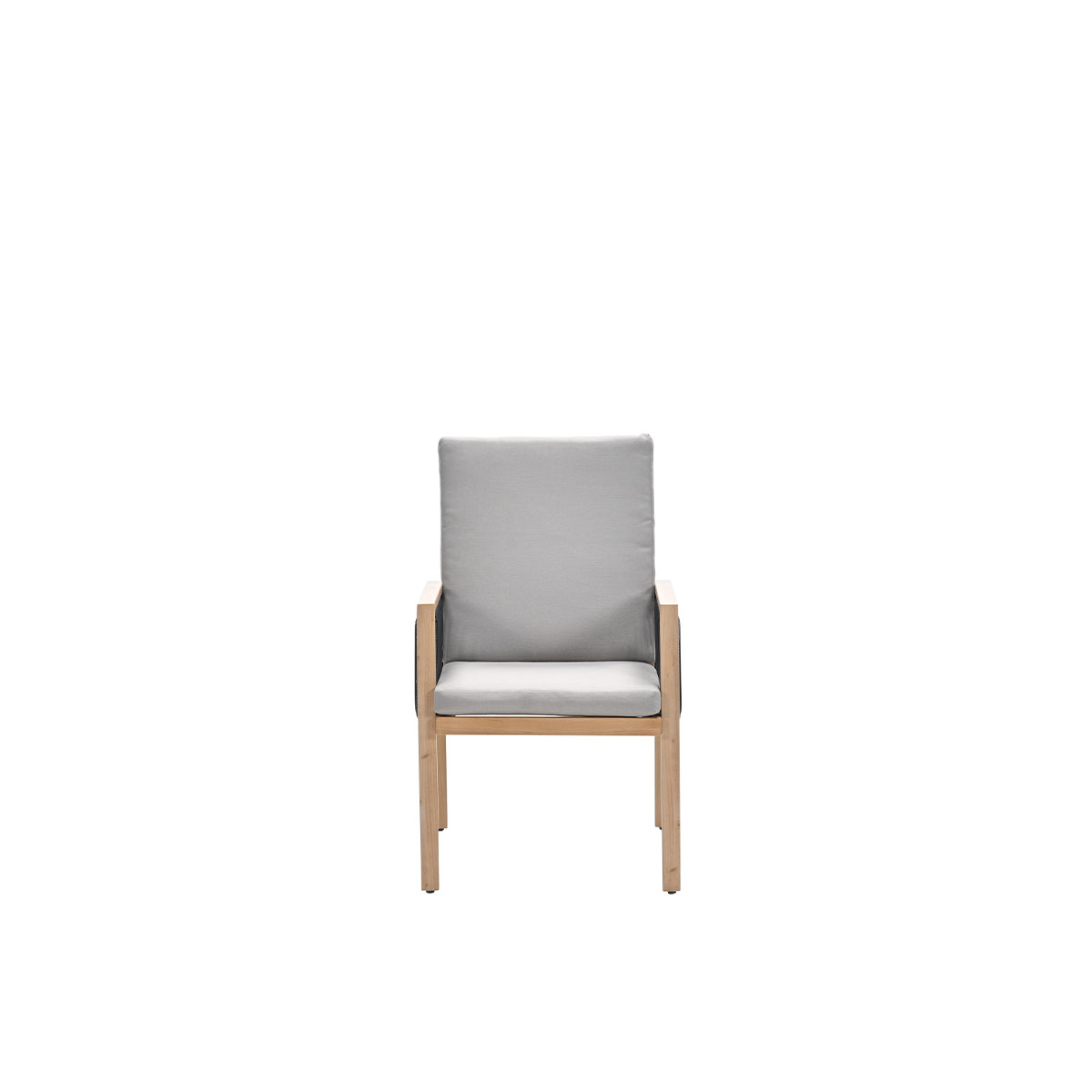 A wooden armchair with light grey cushions and dark grey woven details on the armrests, isolated on white.