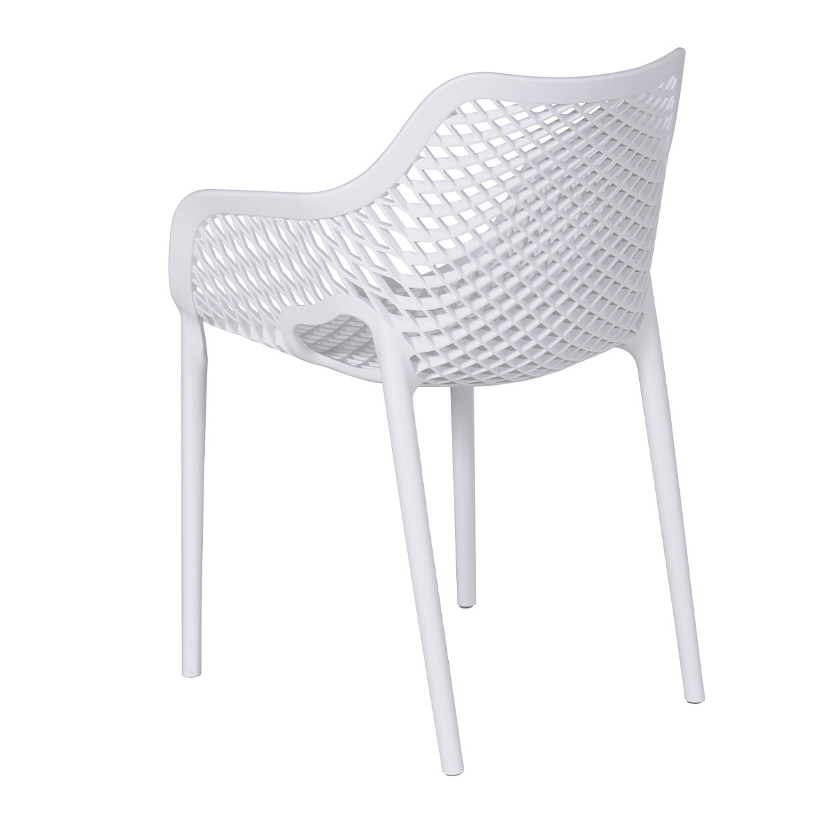 A white plastic chair with a diamond lattice pattern on the back stands against a white background.