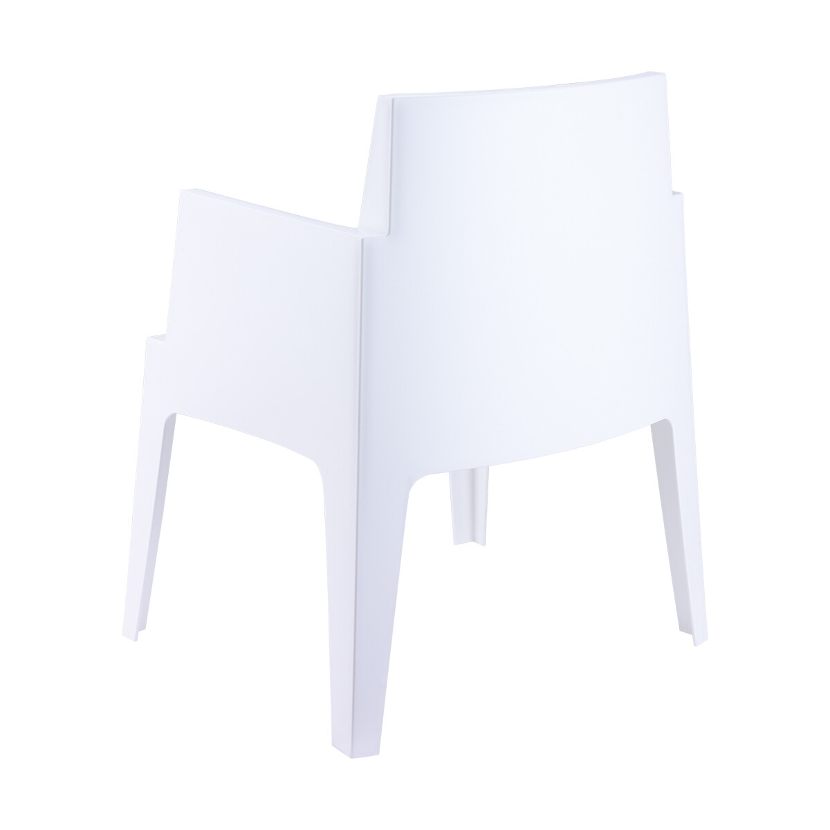 A white plastic armchair viewed from the back on a white background.