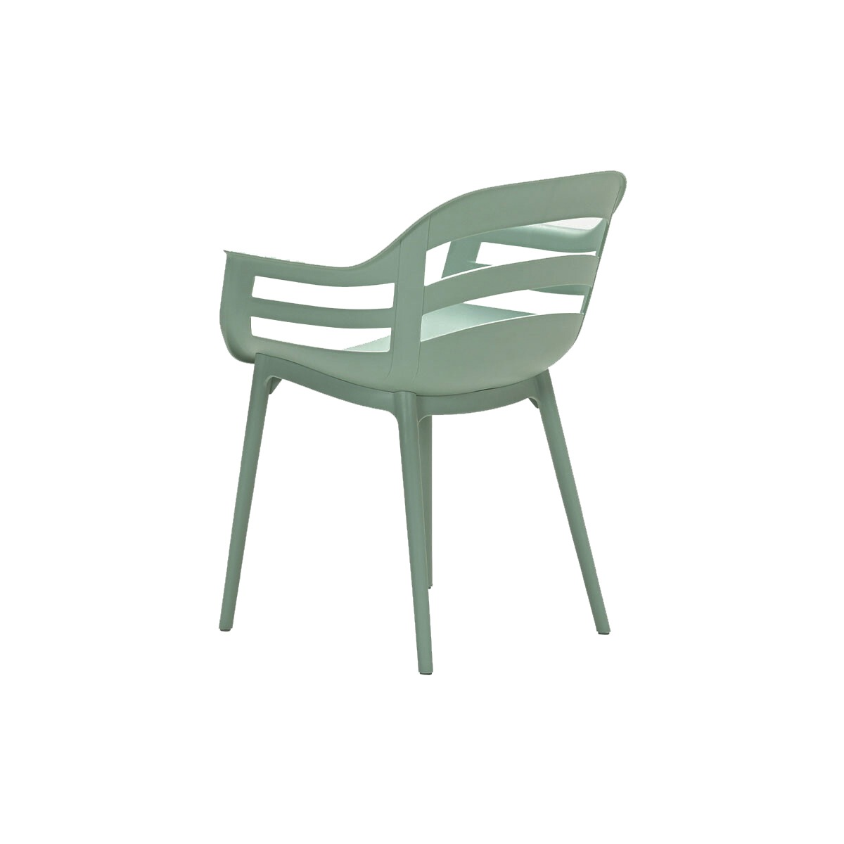 A modern green plastic chair with armrests and a slotted backrest against a white background.