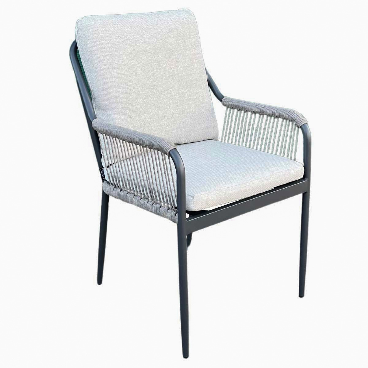 Modern outdoor armchair with black metal frame, gray rope weaving, and light gray cushions.
