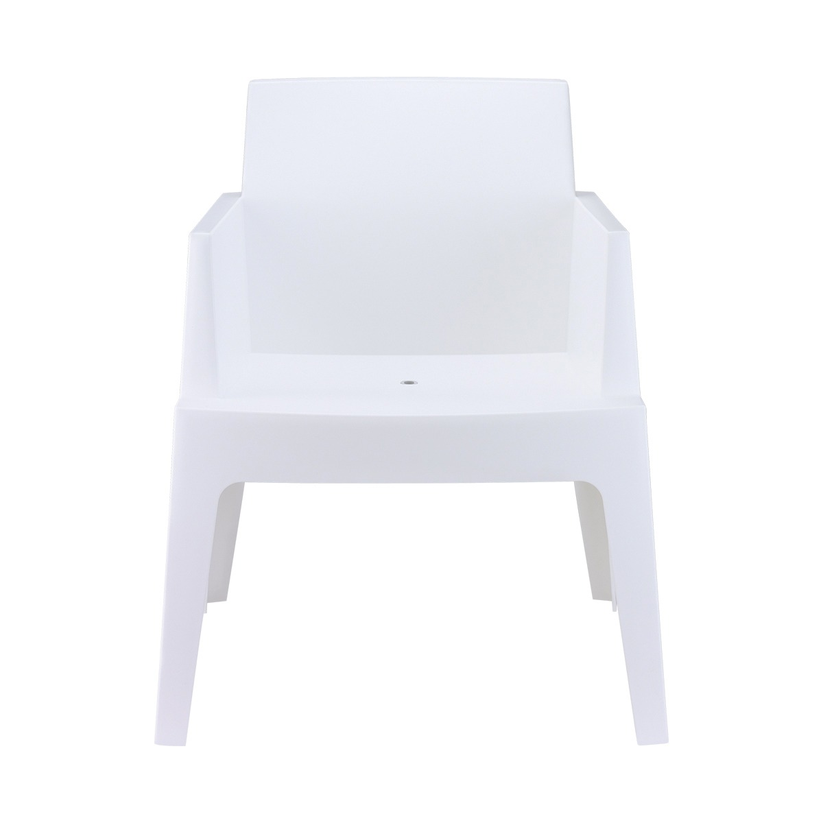 A white plastic armchair viewed from the front against a white background.