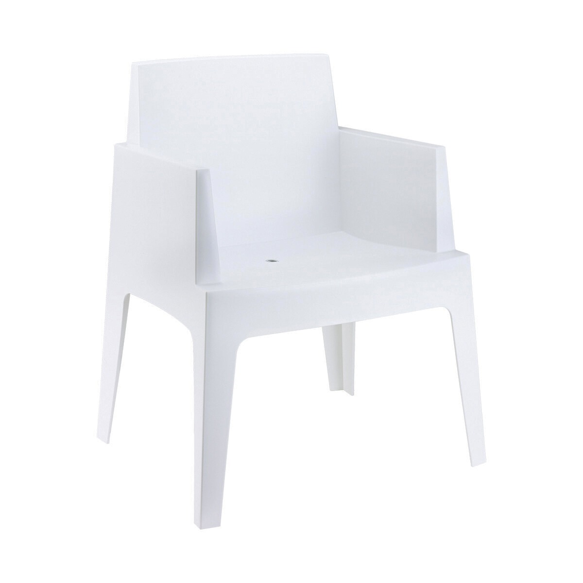 A white plastic armchair stands against a pure white background.