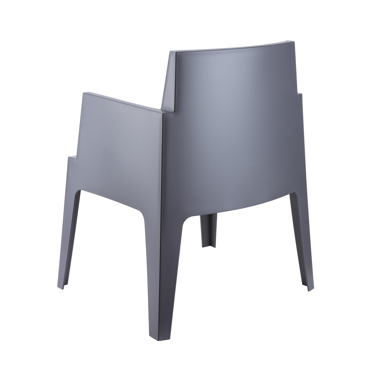 Rear view of a modern grey plastic armchair with angular armrests against a white background.