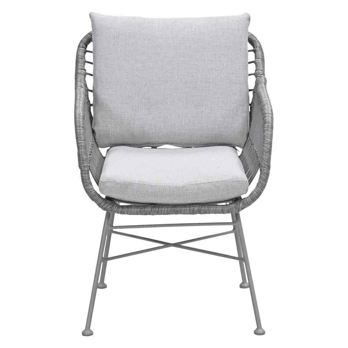 Grey rattan armchair with soft seat and back cushions on metal legs against a white background.