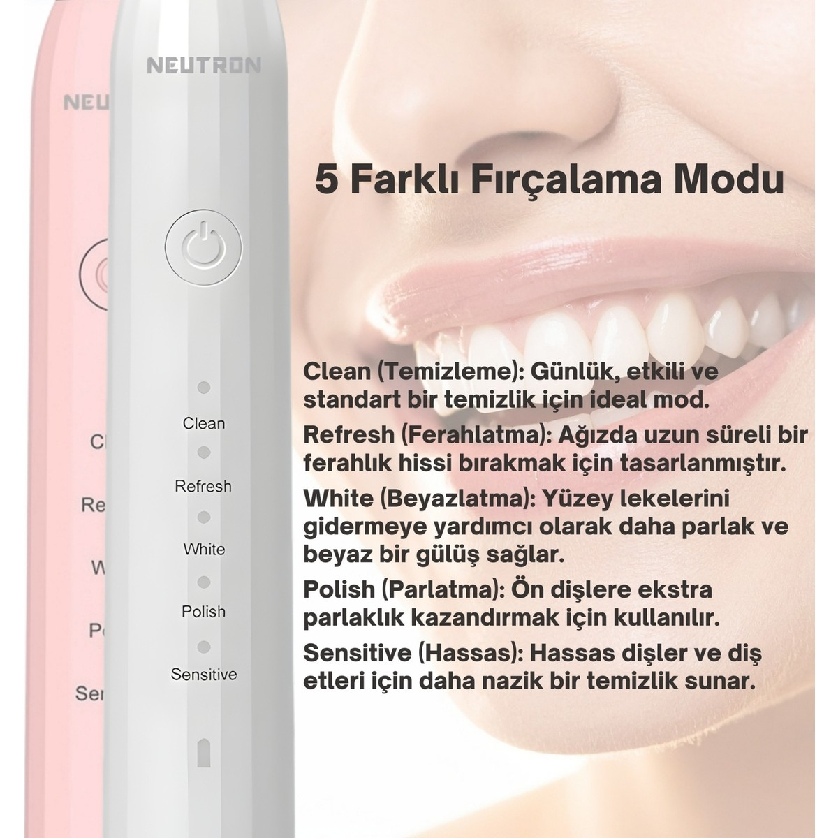 Gülümseyen bir kişinin önünde 5 fırçalama modu ve açıklamaları olan Neutron elektrikli diş fırçası.