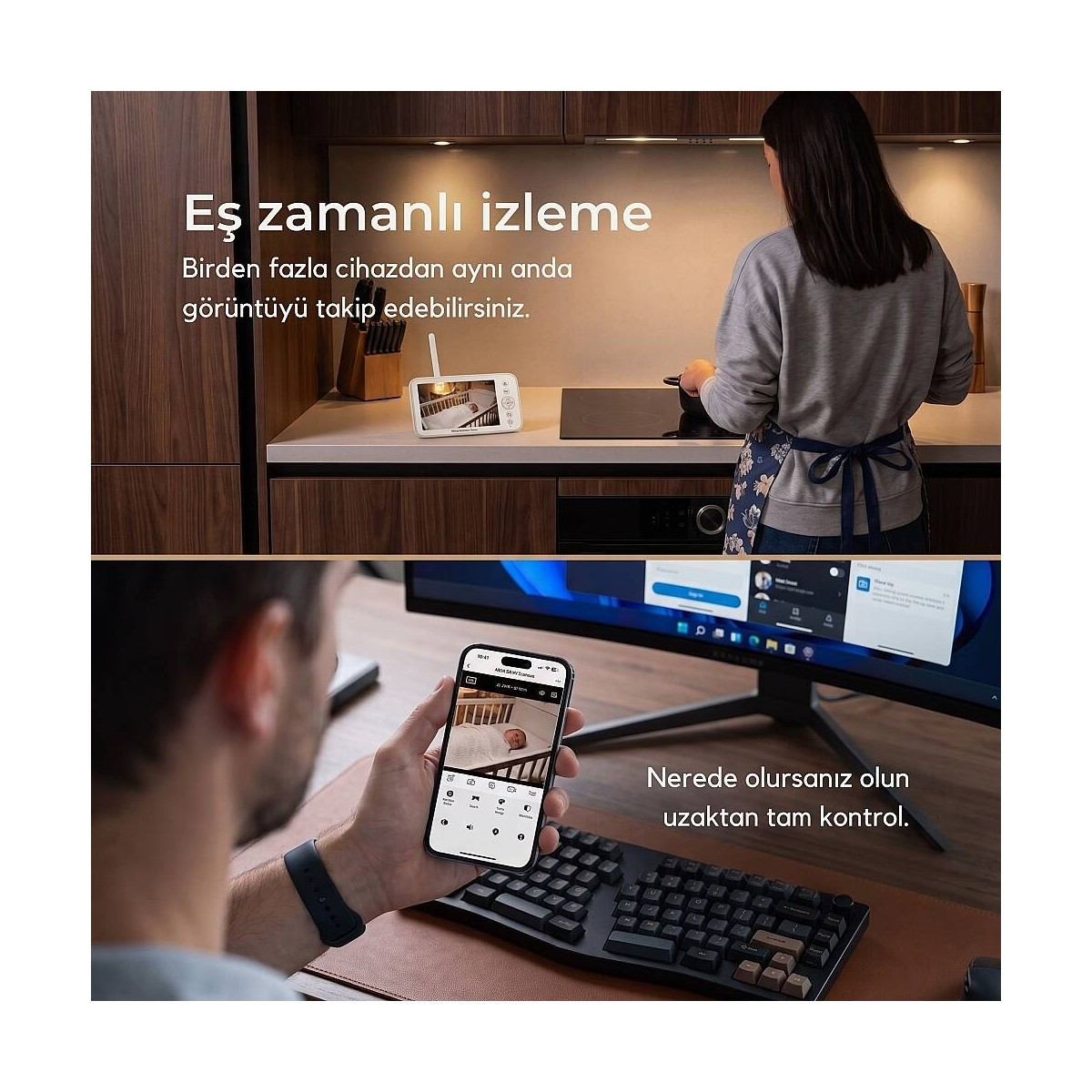 Bir kadın bebek kamerasıyla mutfakta yemek yaparken, bir erkek akıllı telefondan bebeği izliyor.