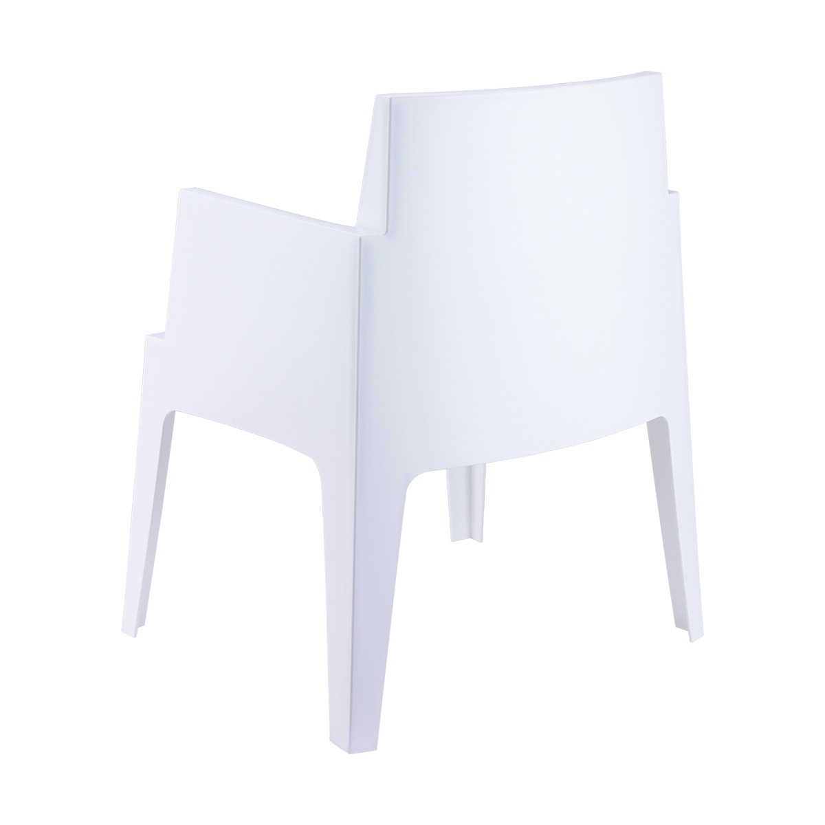 A white, modern plastic armchair with armrests on a white background.