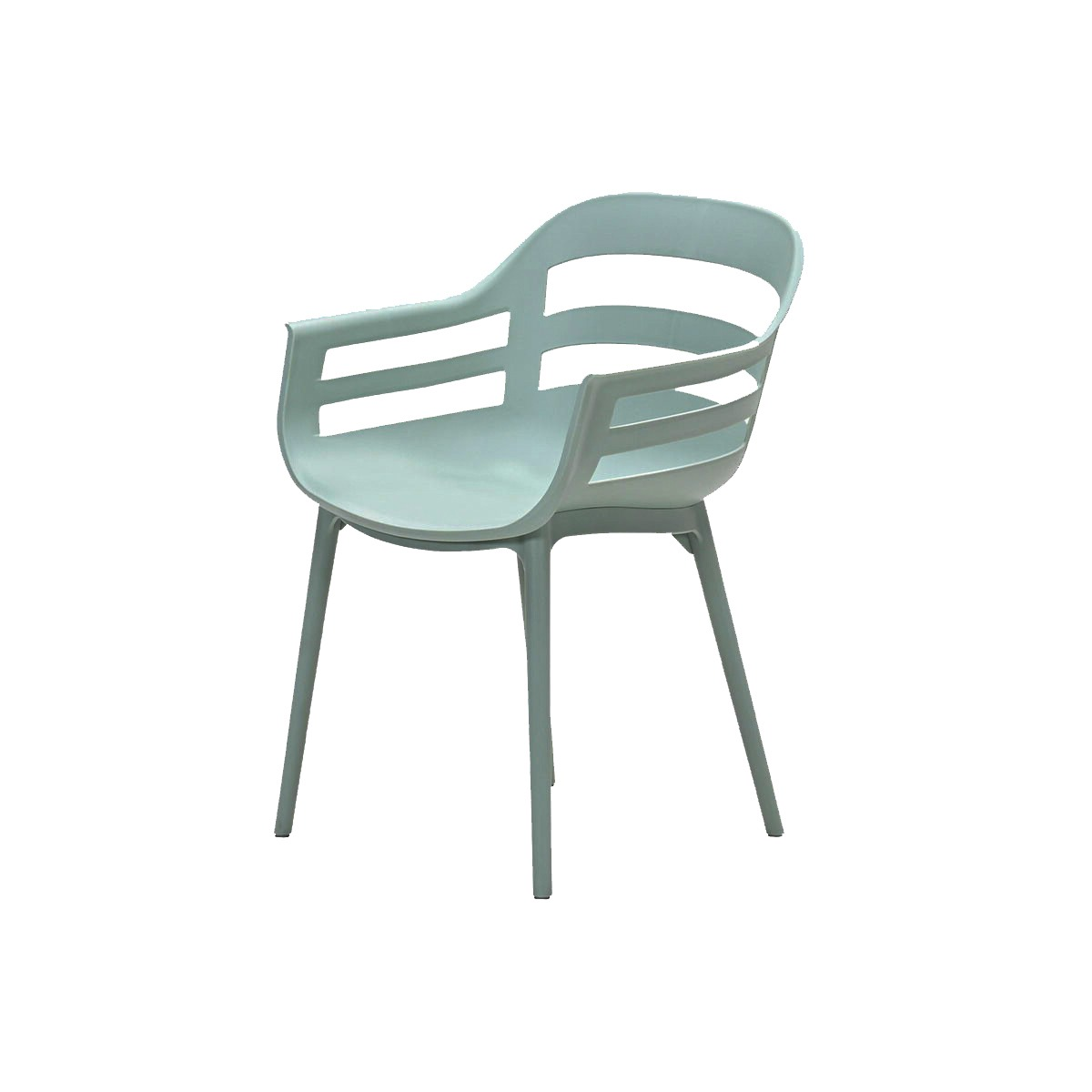 A modern light blue plastic armchair with armrests and a curved slatted backrest on a white background.