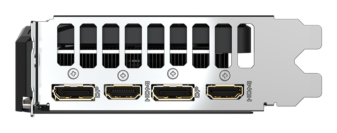 Tylny panel karty graficznej z dwoma portami HDMI i dwoma DisplayPort.