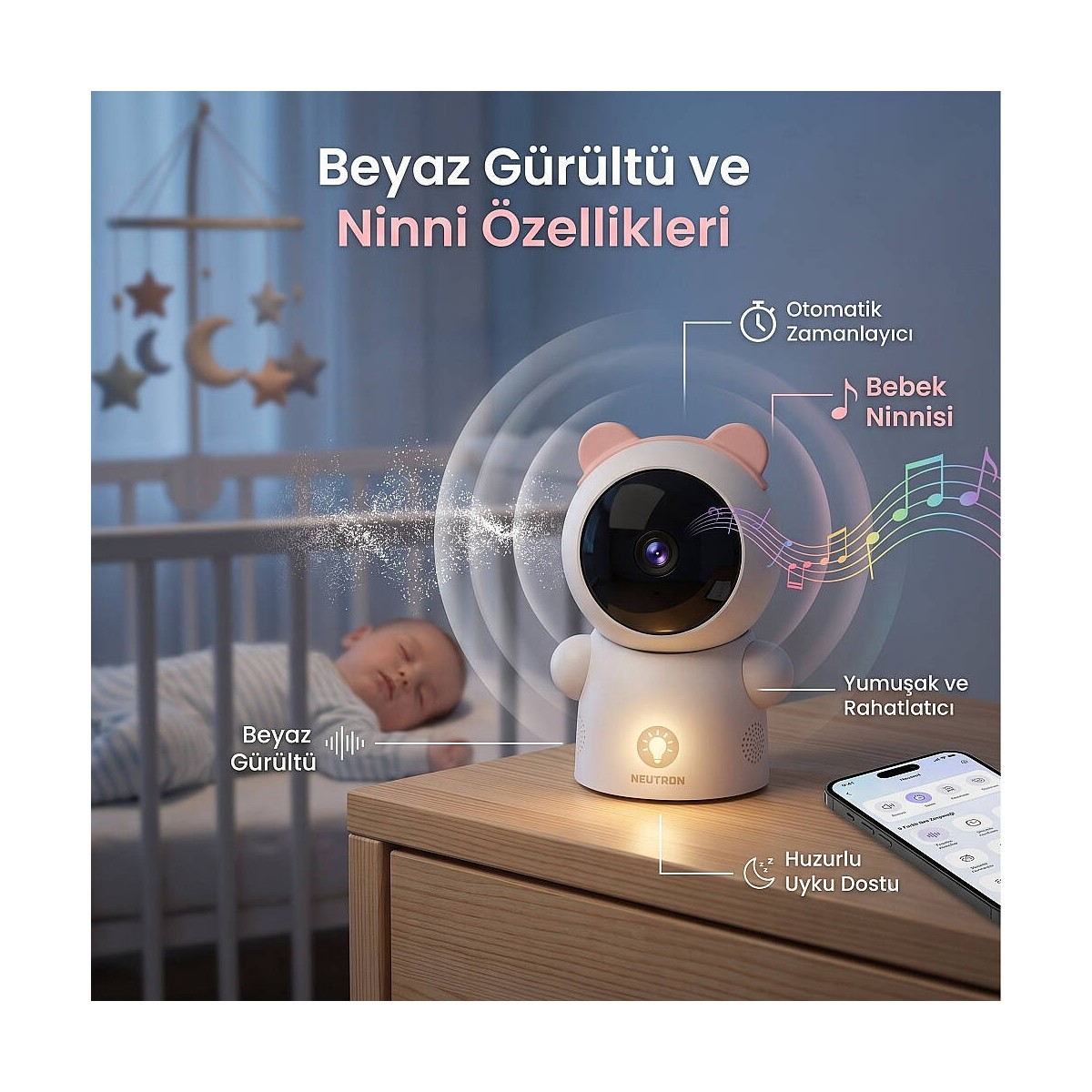 Komodid üzerinde beyaz gürültü ve ninni simgeleri olan ayı şeklinde bebek kamerası, arkada uyuyan bebek.