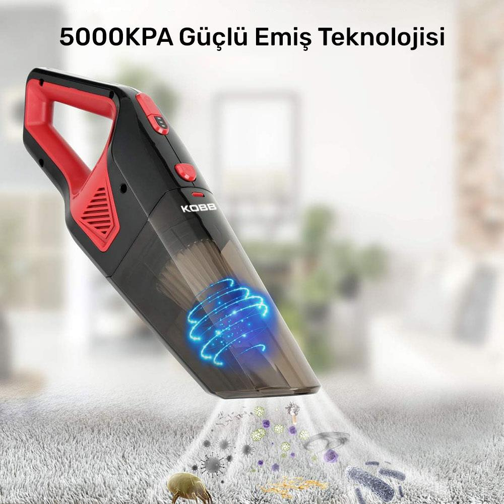 Gri halı üzerindeki kiri çeken siyah ve kırmızı el tipi elektrikli süpürge.