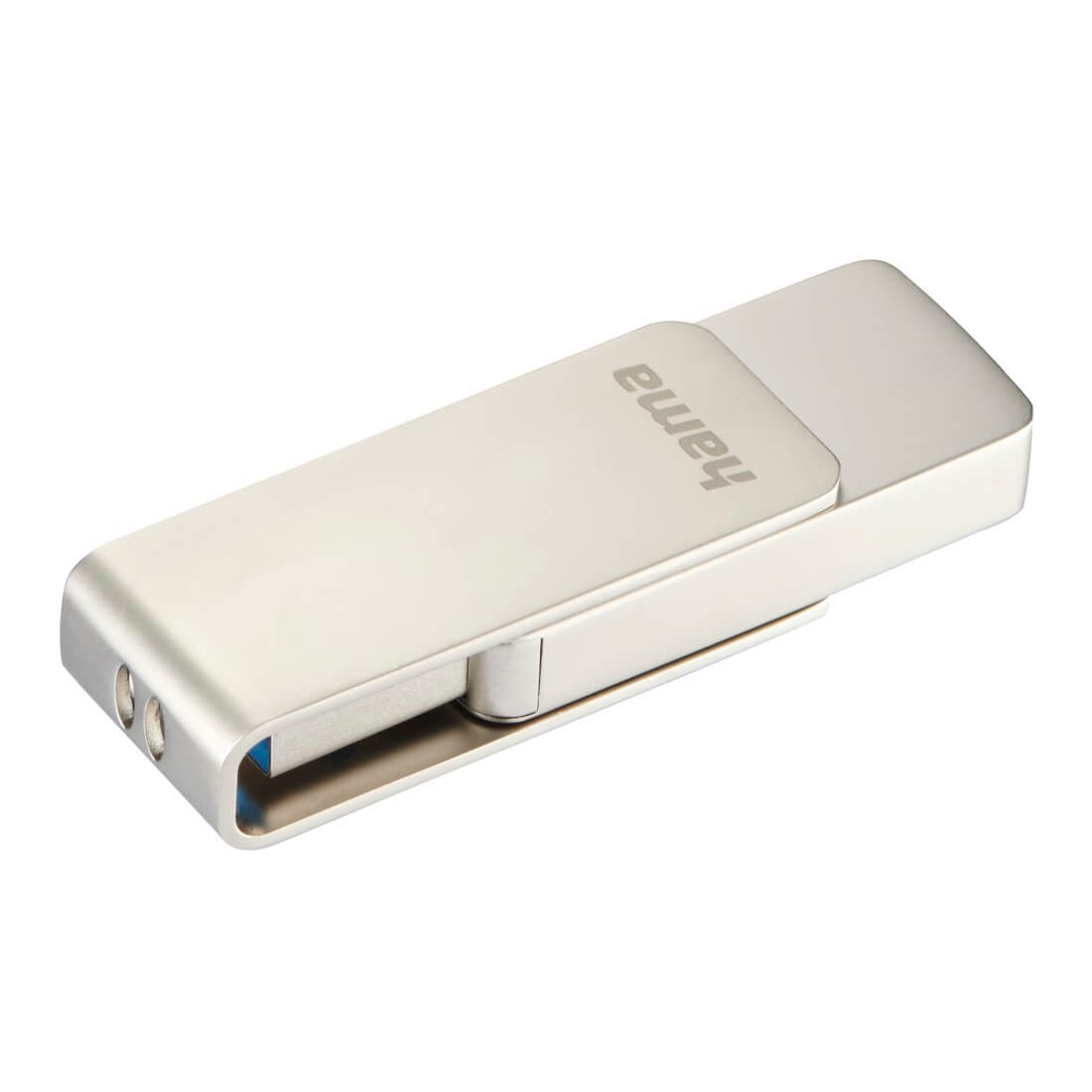 Srebrna pamięć USB Hama z obrotową osłoną na białym tle.