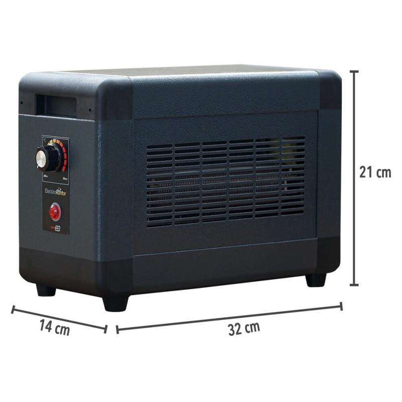 Havalandırma delikli, kontrol düğmeli ve 32x14x21 cm boyutlarında koyu gri elektrikli cihaz.