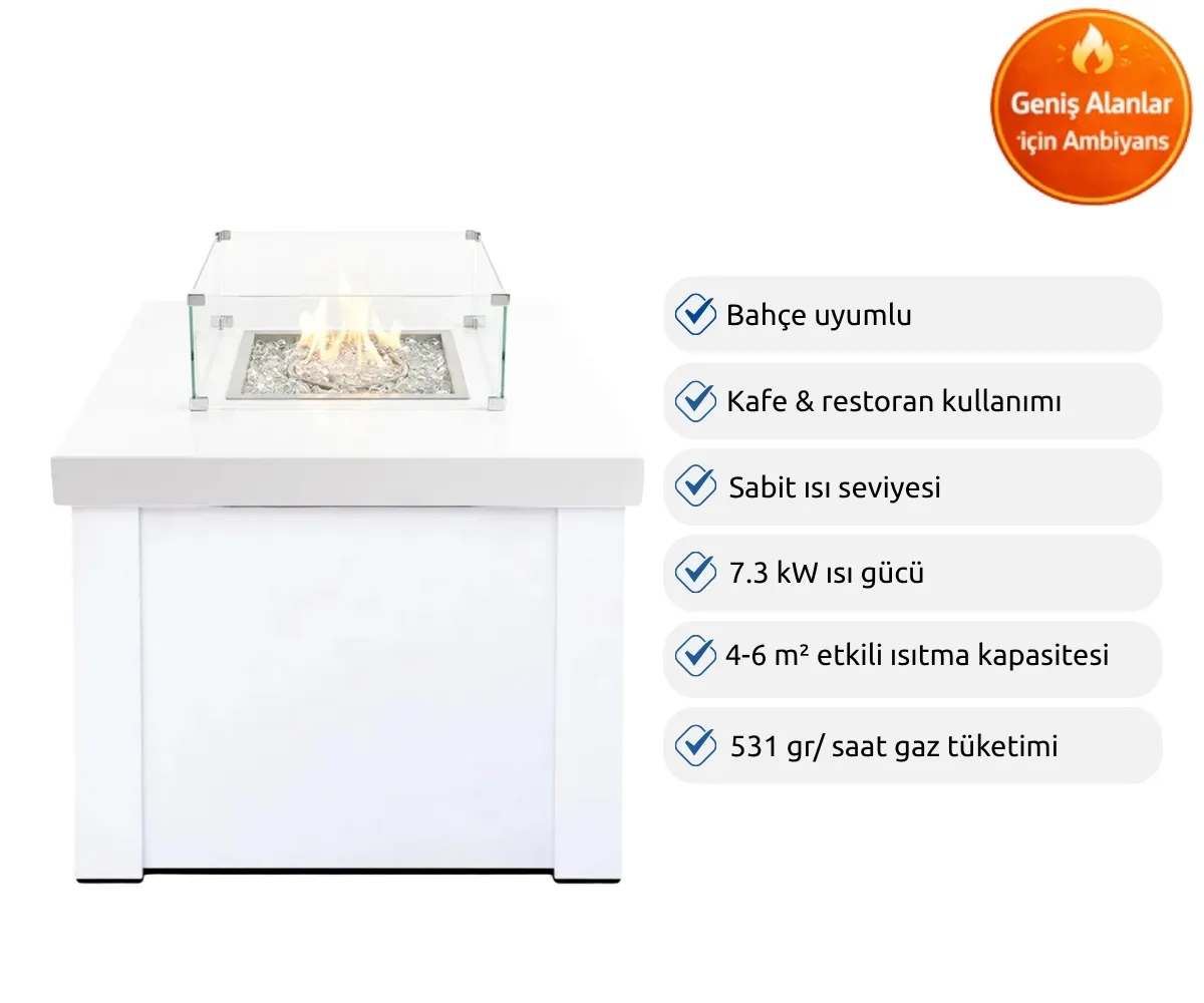 Sağda özellik listesi bulunan, cam siperli beyaz dış mekan gazlı ateş çukuru.