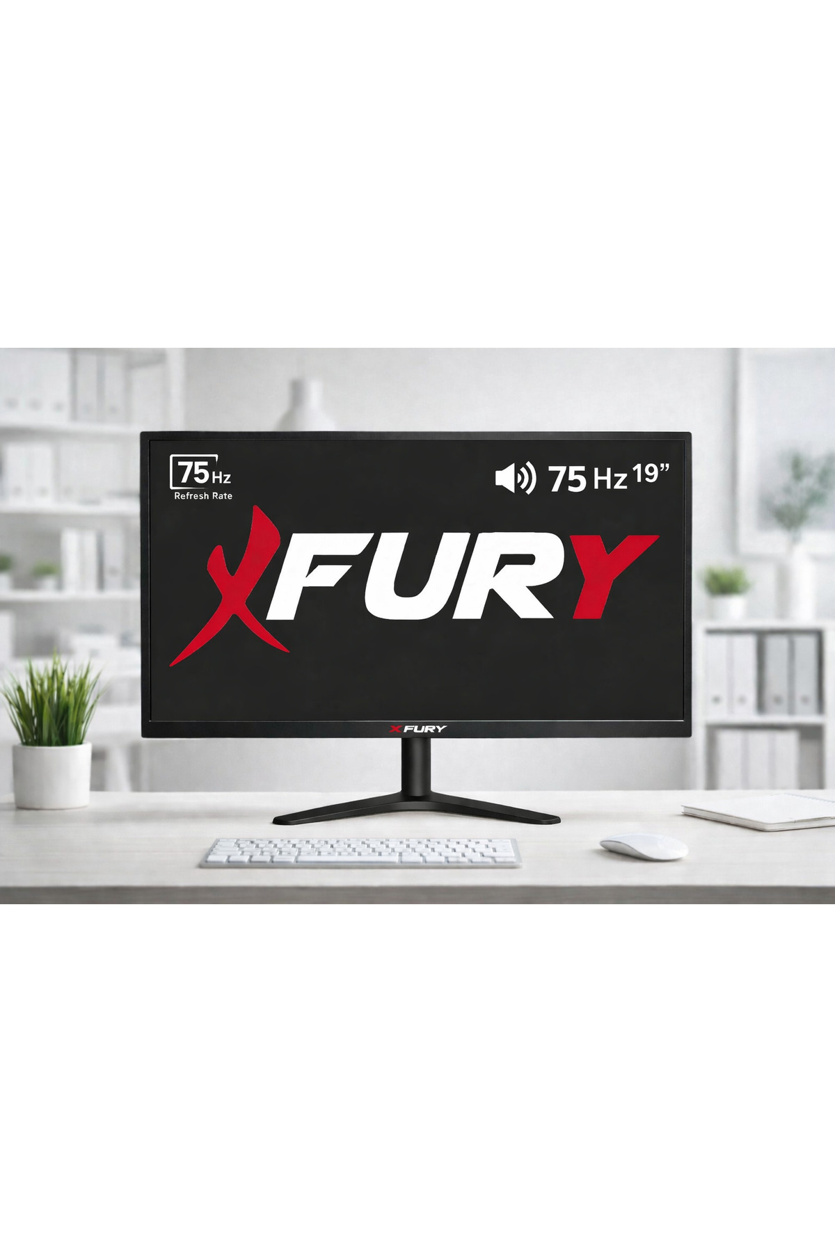Bulanık bir ofis arka planında, klavye, fare ve bitki bulunan beyaz bir masada siyah bir Fury bilgisayar monitörü.