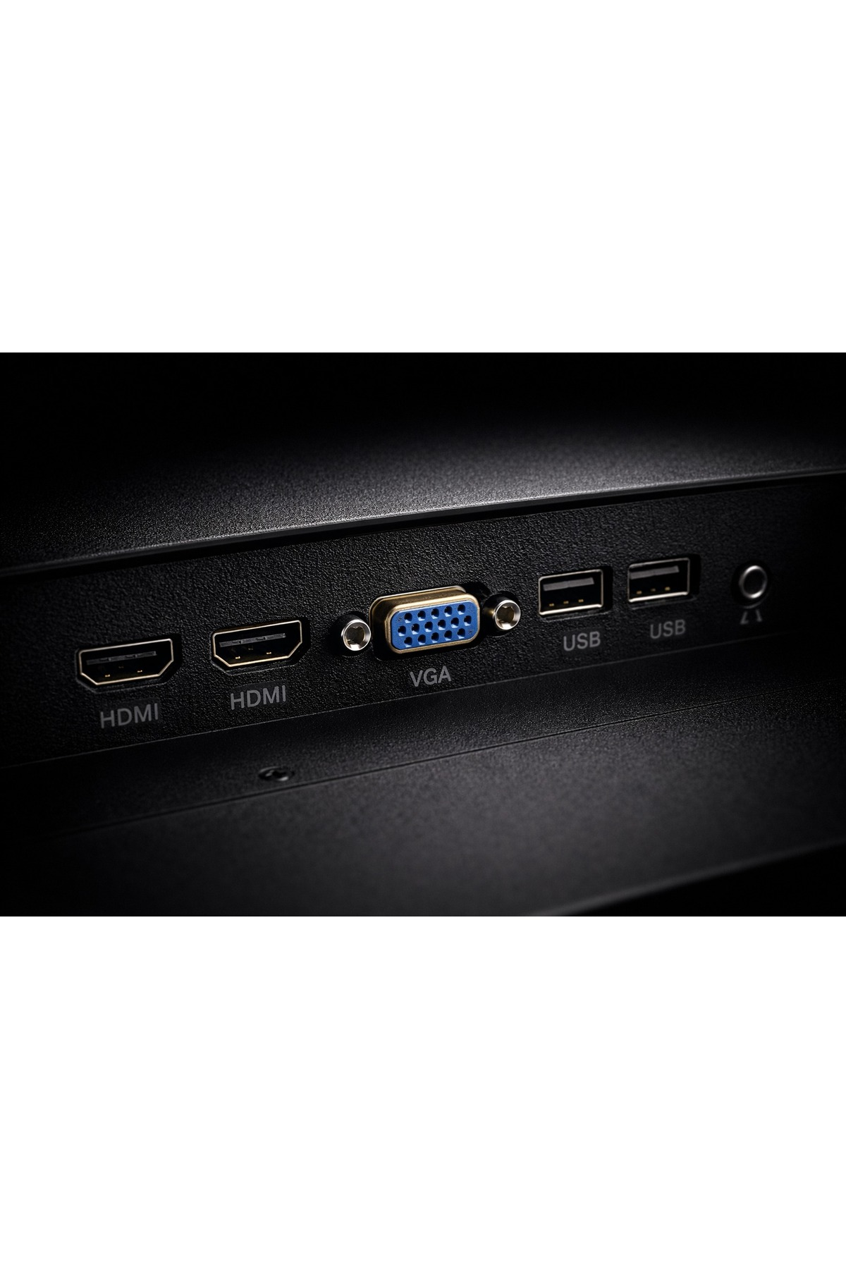İki HDMI, bir VGA, iki USB bağlantı noktası ve bir ses jakı gösteren bir cihazın arka paneli.