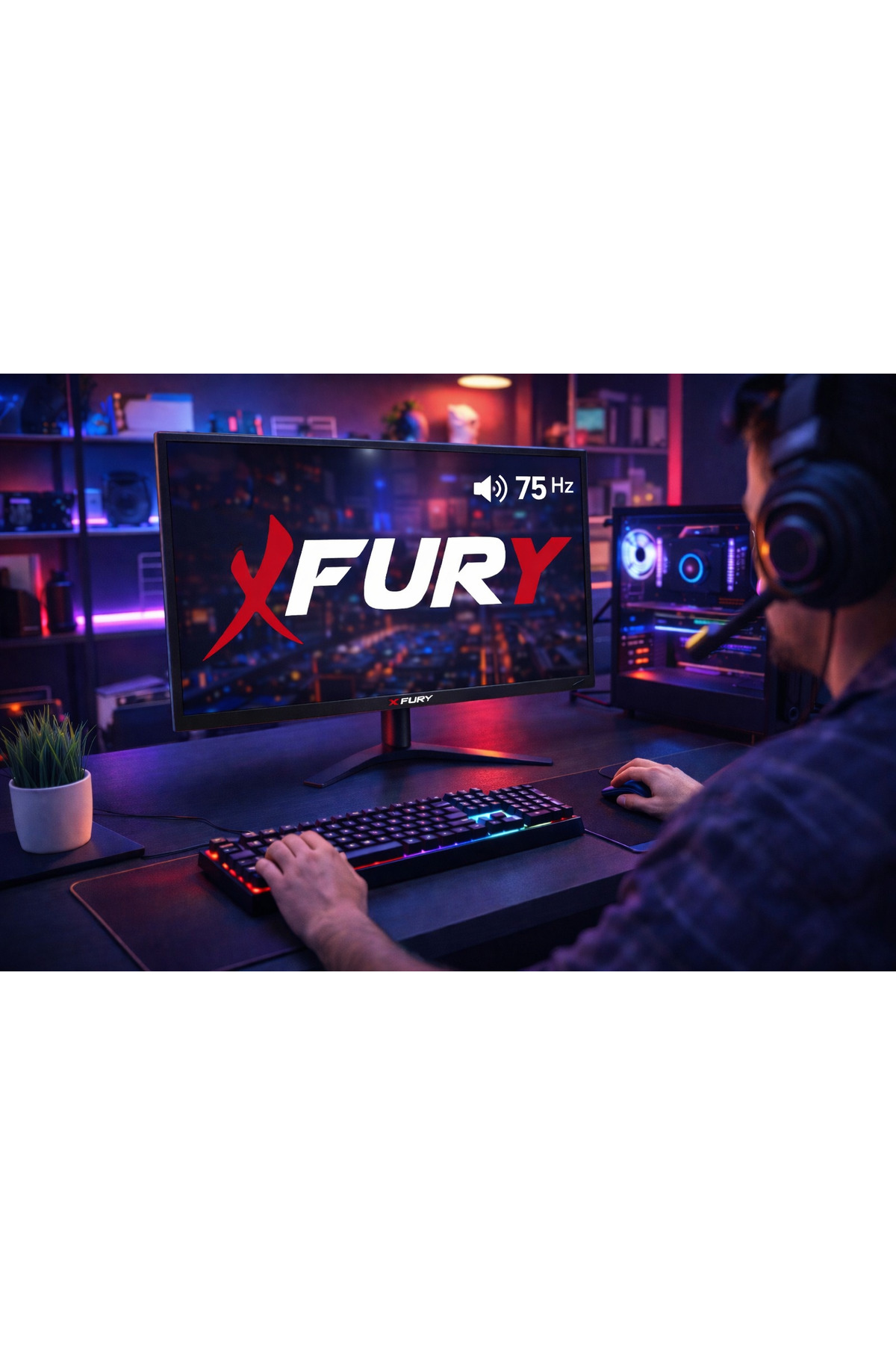 Bir oyuncu aydınlık bir odada Fury monitör önünde klavye ve fare kullanıyor.