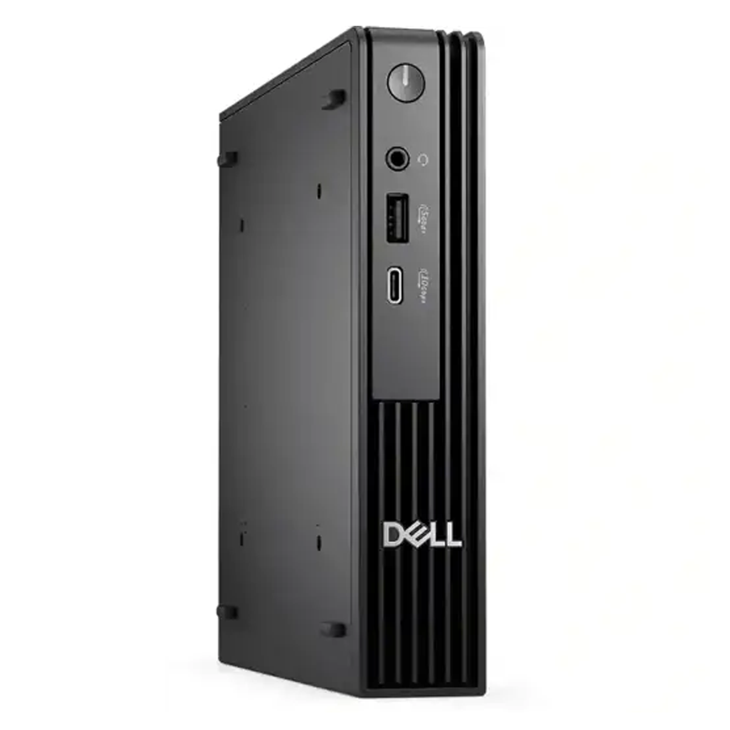 Ön bağlantı noktalarına ve Dell logosuna sahip siyah bir Dell mini PC, beyaz zemin üzerinde.