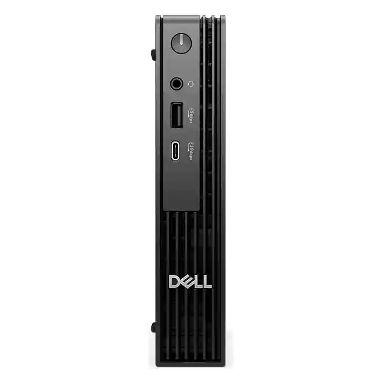 Güç düğmesi, ses jakı ve USB bağlantı noktalarına sahip siyah bir Dell mini PC'nin önden görünümü.