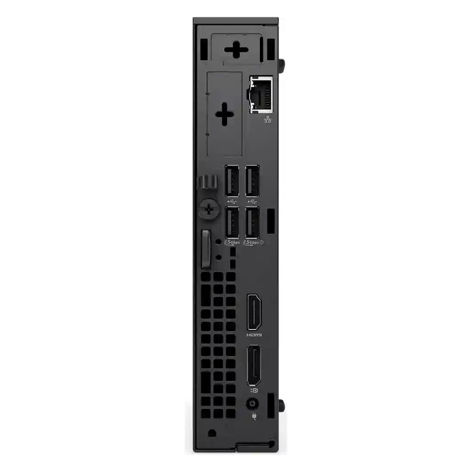 USB bağlantı noktaları, Ethernet bağlantı noktası, HDMI, DisplayPort ve güç jakına sahip siyah bir mini PC'nin arka görünümü.