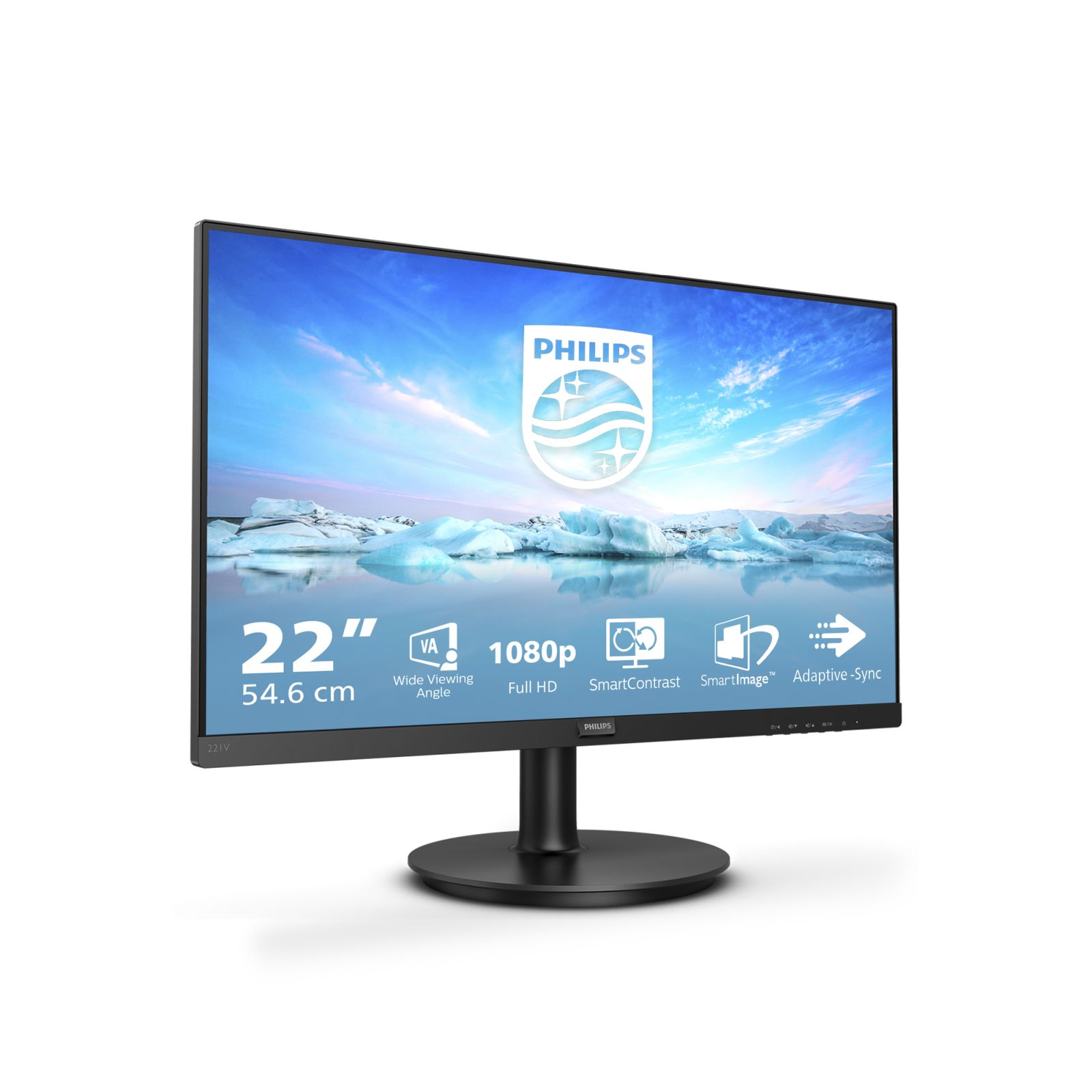 A black Philips 22-inch monitor displays a landscape image with text and icons.