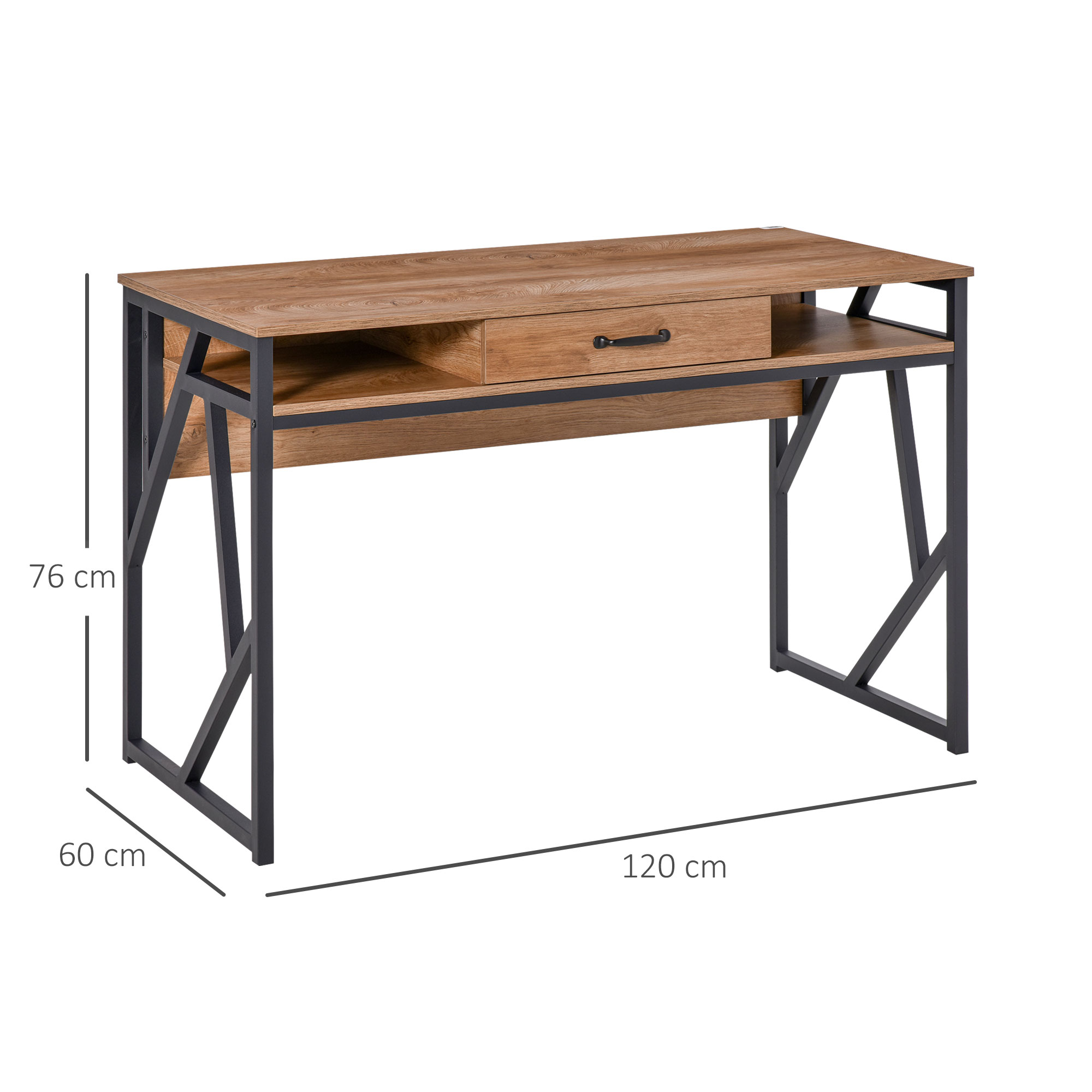 Scrivania in legno con struttura in metallo nero, un cassetto e scomparti aperti. Dimensioni: 120x60x76 cm.