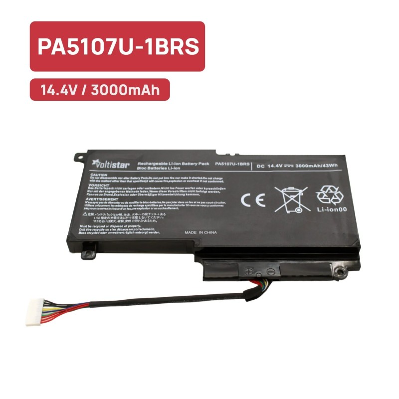 Batería de ion de litio negra Voltistar con cable y conector blanco sobre fondo blanco.