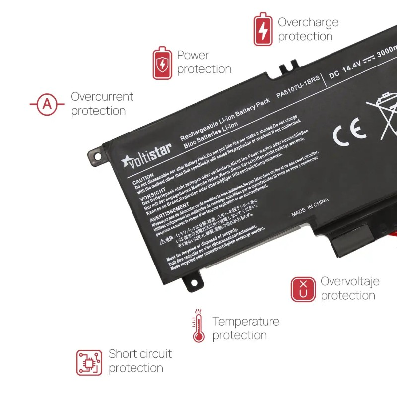 Batería de portátil con funciones de seguridad como protección contra sobrecorriente.