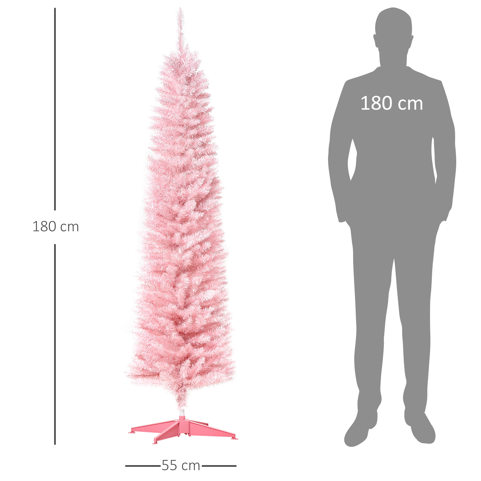 Un árbol de Navidad rosa y delgado, de 180 cm de alto y 55 cm de ancho, junto a la silueta de una persona de 180 cm.
