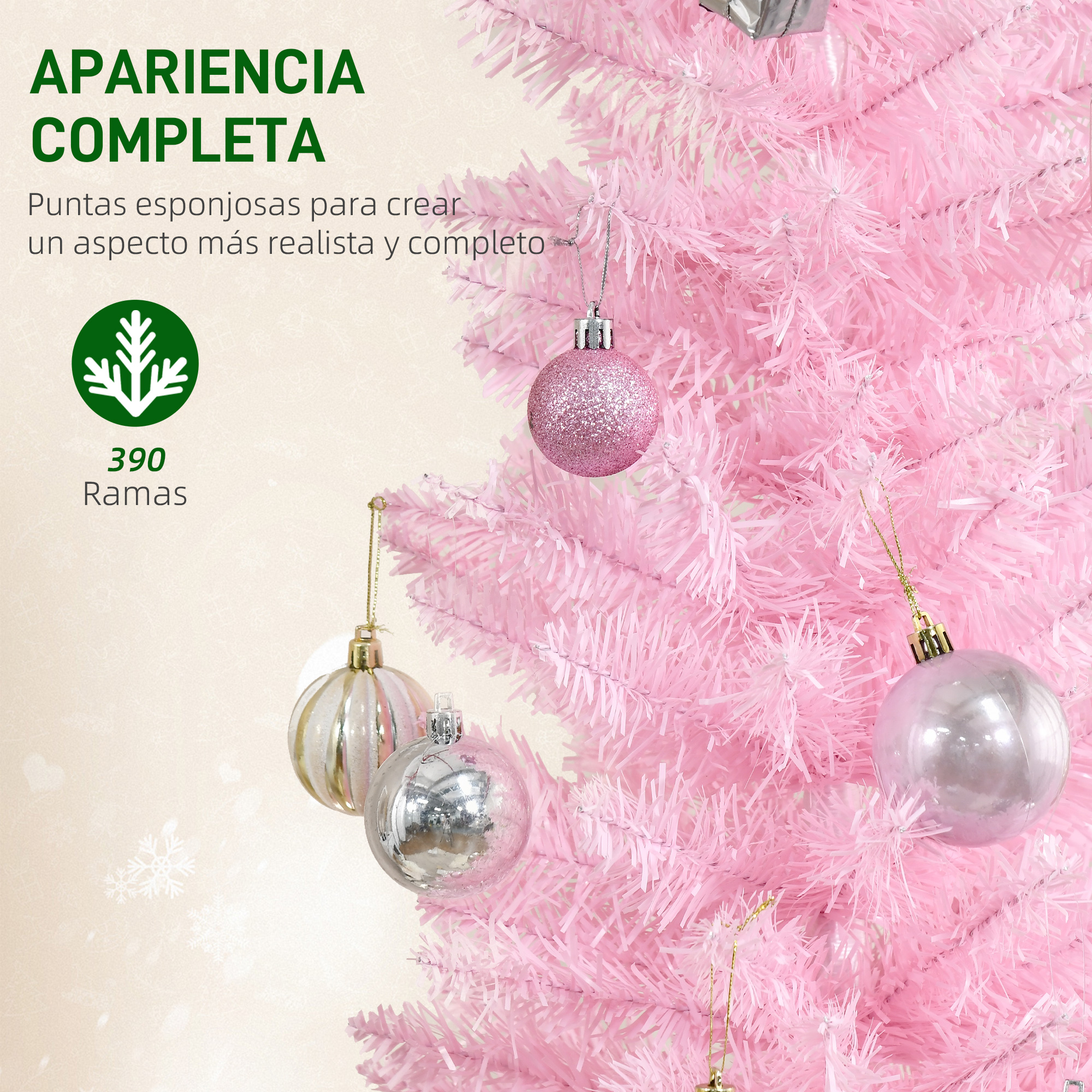 Un árbol de navidad artificial rosa decorado con esferas brillantes rosas, plateadas y rayadas. Texto en español a la izquierda.