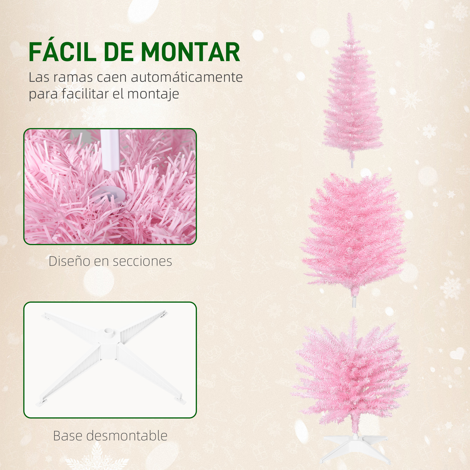 Árbol de navidad artificial rosa fácil de montar con base desmontable y diseño en secciones.