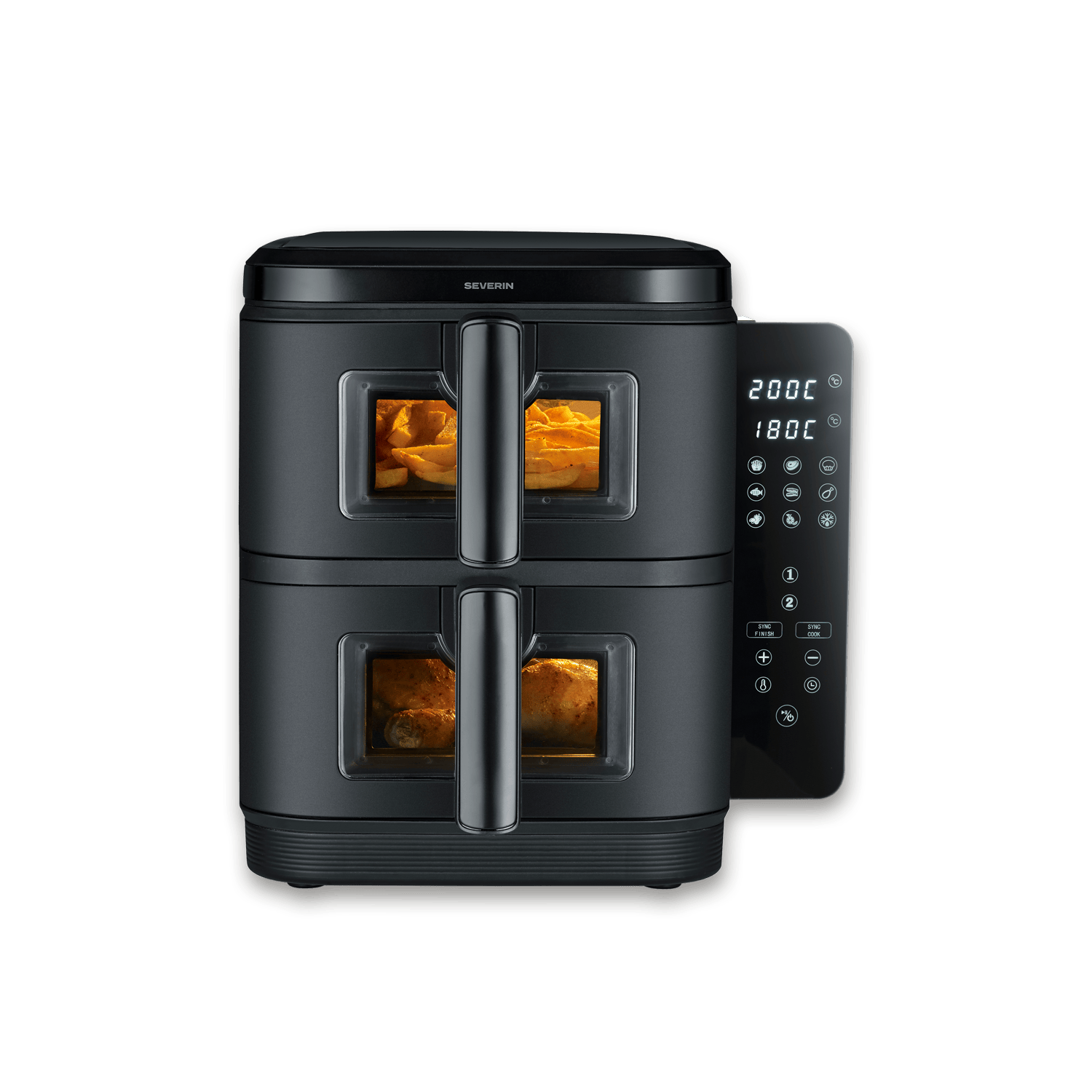 Schwarze Doppel-Heißluftfritteuse mit digitalen Displays und beleuchteten Fenstern mit Pommes und Hähnchen.
