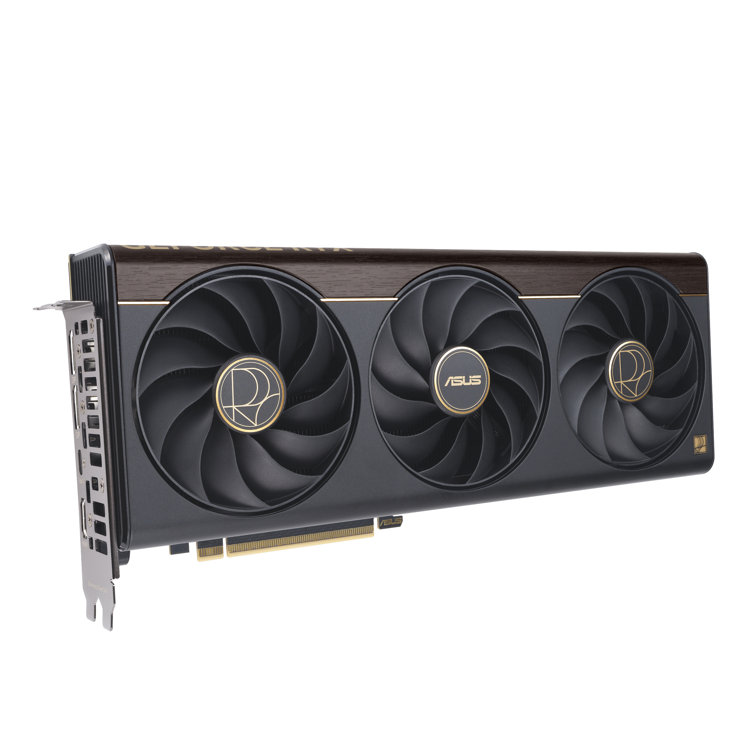 Schwarze ASUS Grafikkarte mit drei Ventilatoren, Holzoptik-Akzent und goldenen Details auf weißem Hintergrund.