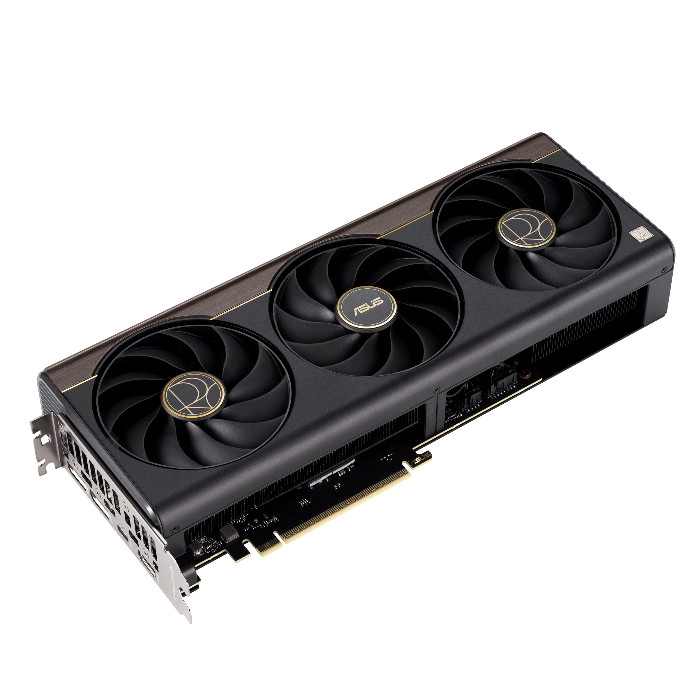 Eine schwarze Asus-Grafikkarte mit drei Lüftern und goldenen Akzenten.