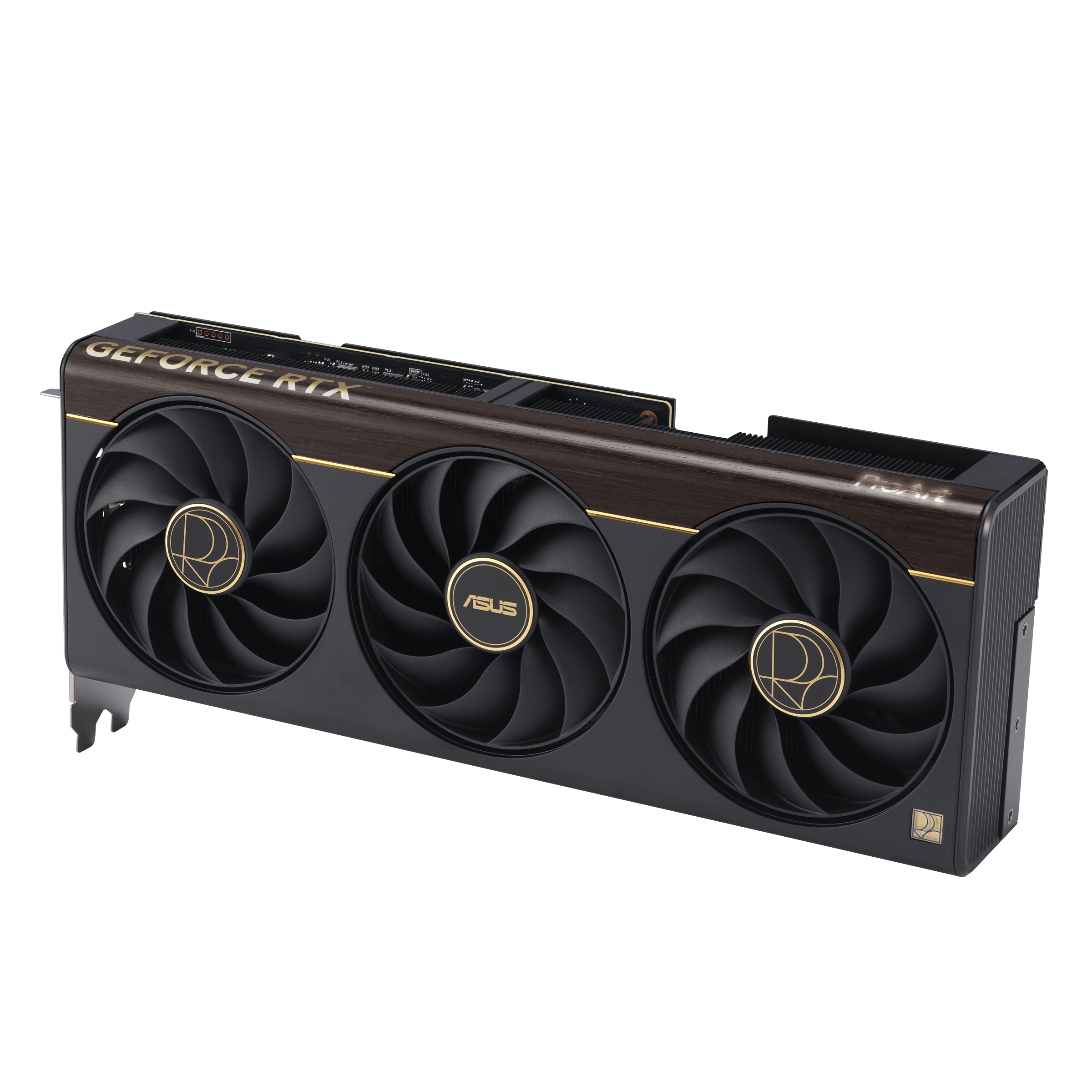 Eine schwarze und goldene Asus GeForce RTX Grafikkarte mit drei Lüftern und hölzernem Akzent.