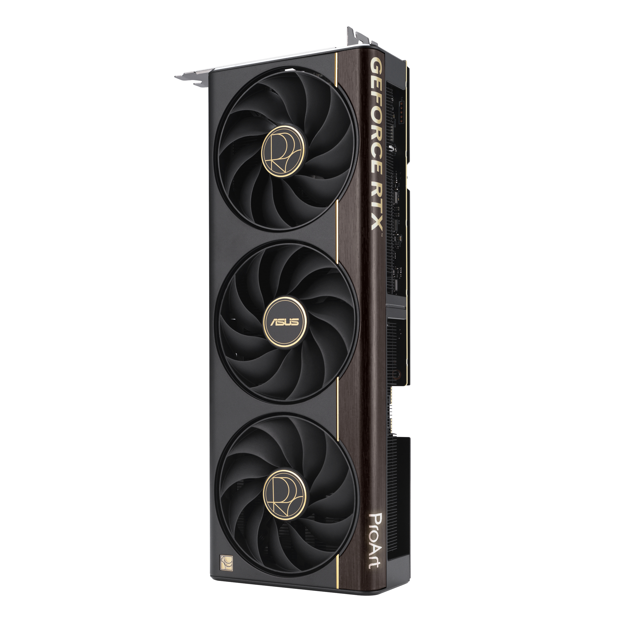 Schwarze ASUS ProArt GeForce RTX Grafikkarte mit drei Lüftern und goldenen Akzenten auf weißem Hintergrund.