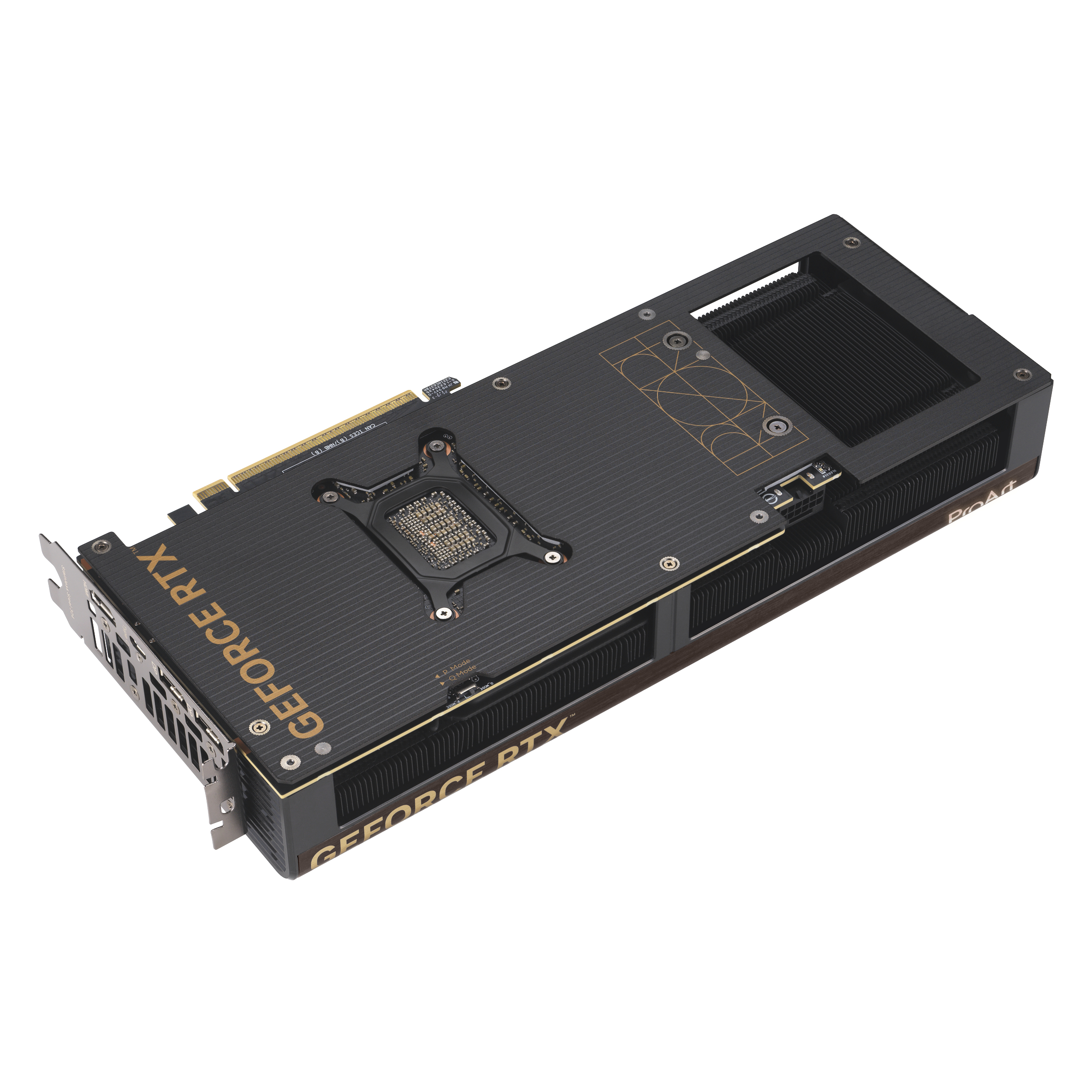 Eine schwarze ProArt GeForce RTX Grafikkarten-Backplate mit goldenem Branding auf weißem Grund.