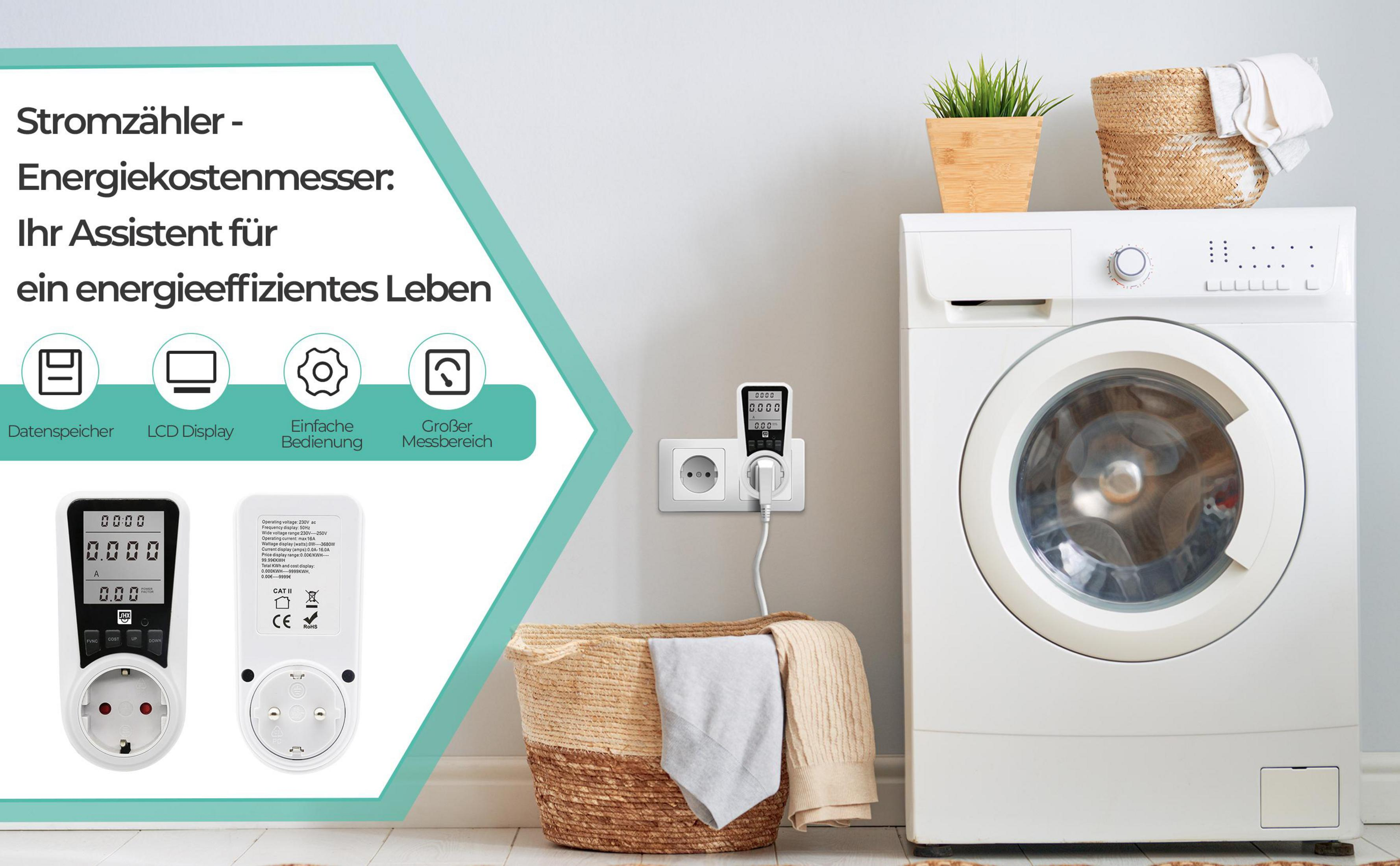 Energiekostenmessgerät in Steckdose neben Waschmaschine, mit Infografik.