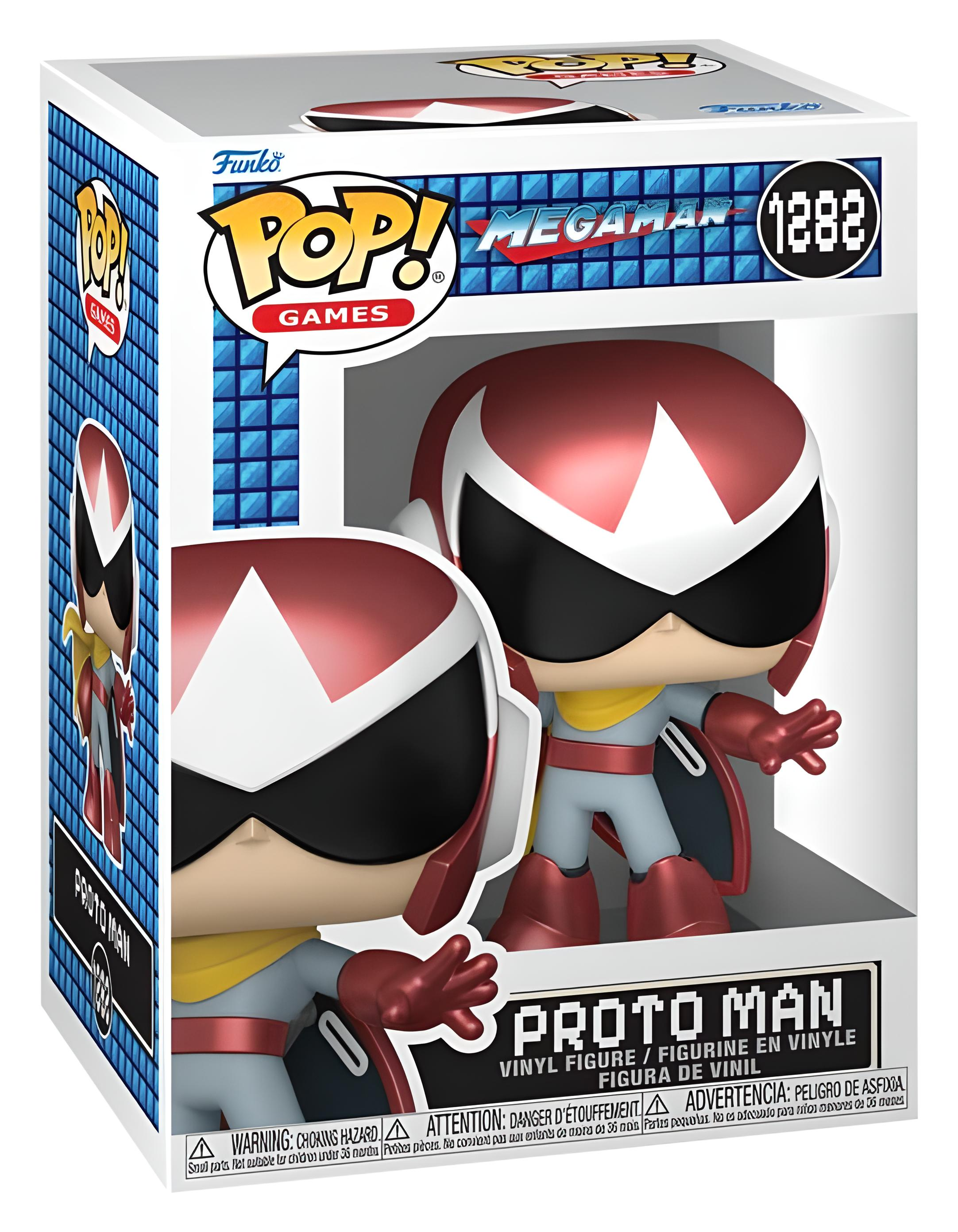 Proto Man Pop! Vinyl-Figur in einer blauen Sammlerbox mit Megaman-Motiven.