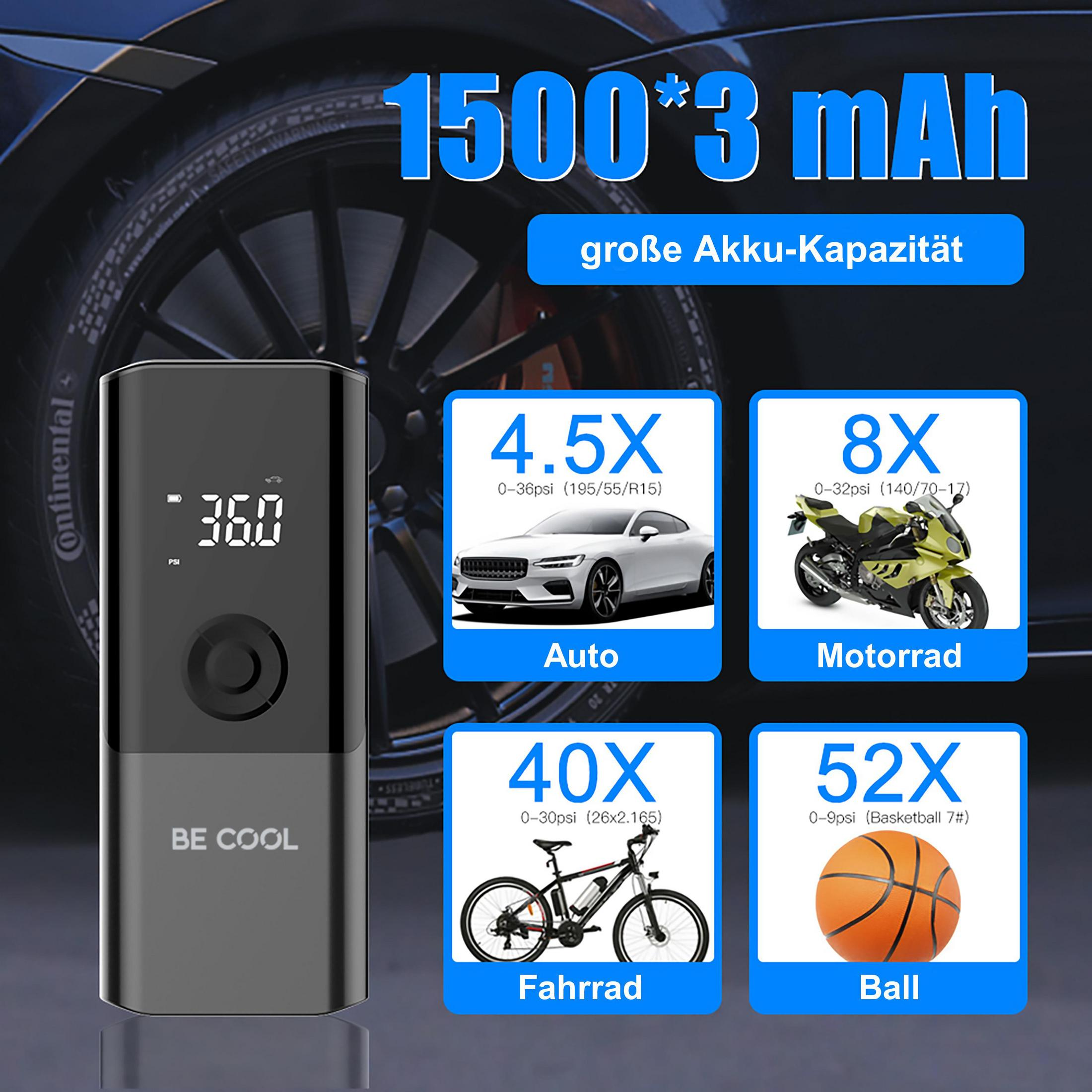 Tragbare Luftpumpe vor einem Autoreifen mit Symbolen für Auto, Motorrad, Fahrrad und Ball.