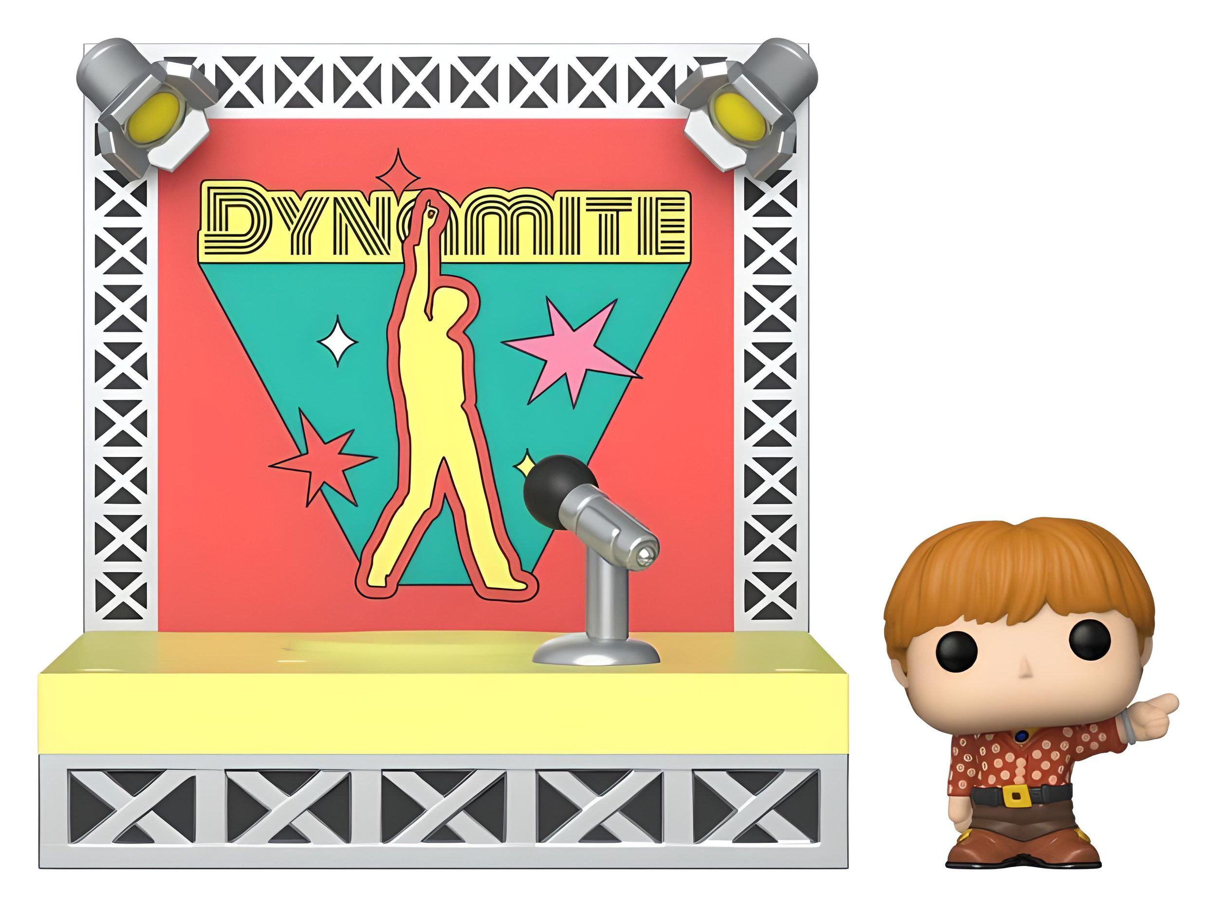 Una figura de Funko Pop frente a un colorido fondo de escenario Dynamite con focos.
