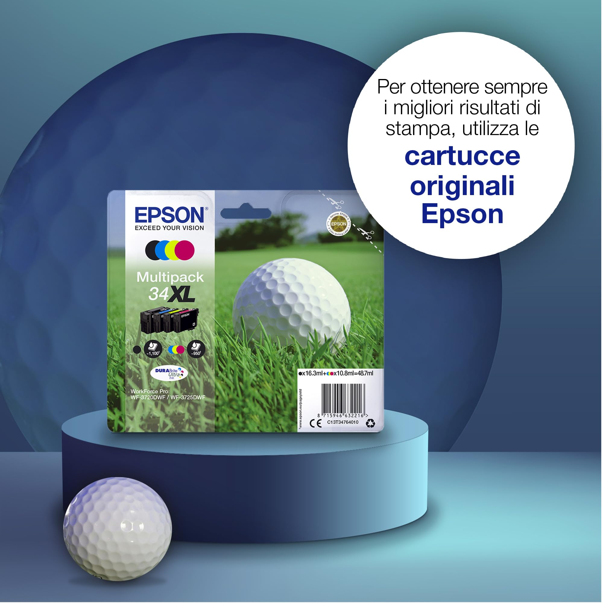 Epson Tintenpatronen Multipack mit Golfball im Gras auf podest vor blauem Hintergrund.