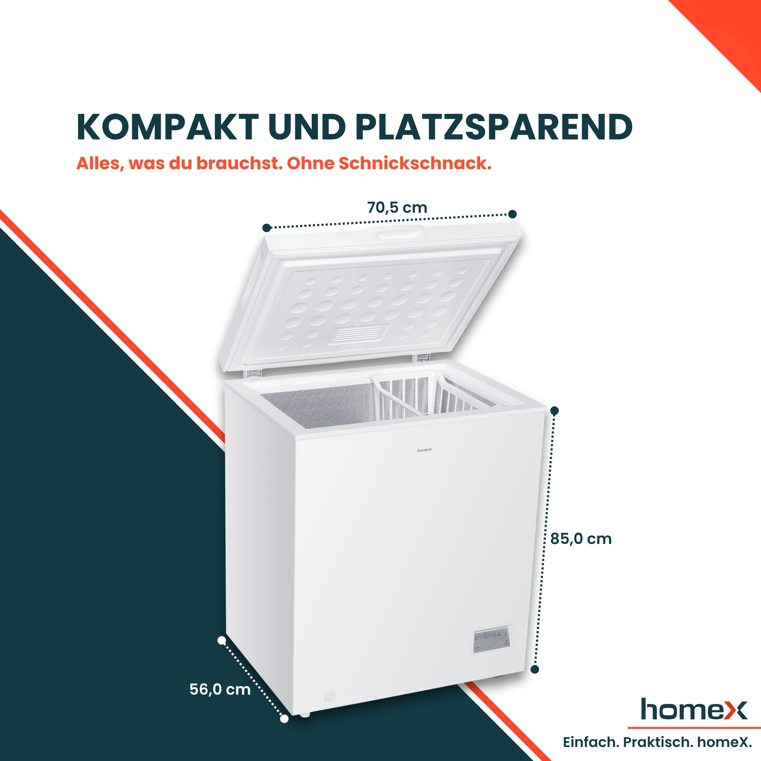 Weisse Kiste mit geöffnetem Deckel, Maße 70,5x85x56 cm, mit deutschem Text oben und Logo.