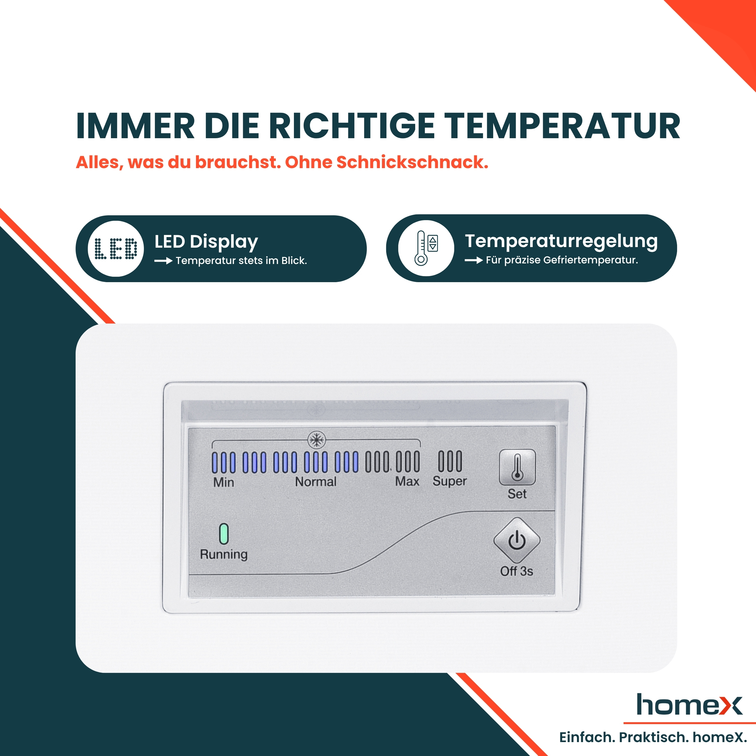 LED-Display und Temperaturregelung für den Gefrierschrank mit Set- und Ein/Aus-Tasten.