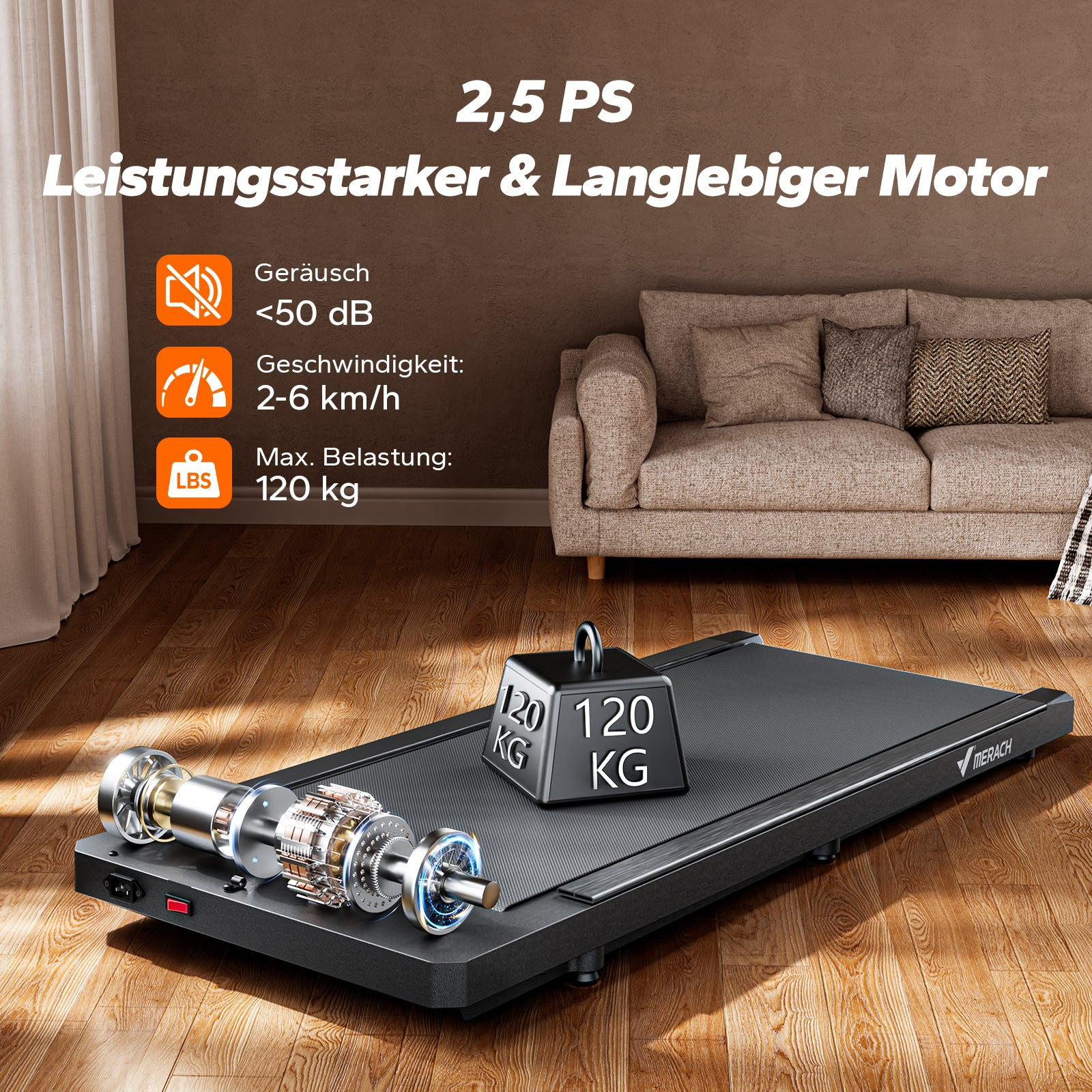 Laufband auf Holzboden vor Sofa mit Motor- und Gewichtsdiagramm.