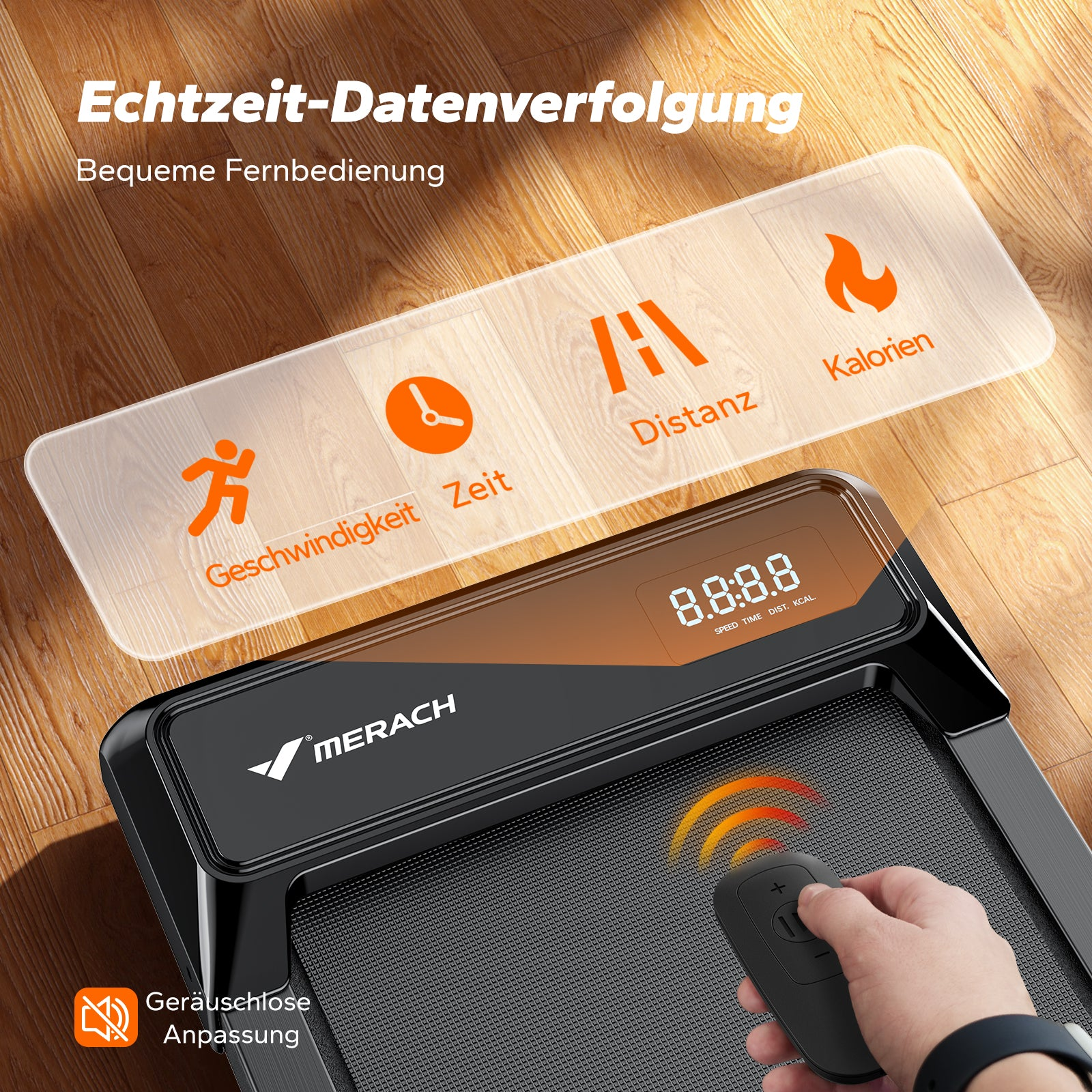 Ein Merach-Laufband mit LED-Anzeige zeigt Echtzeit-Daten wie Geschwindigkeit, Zeit, Distanz und Kalorien an.