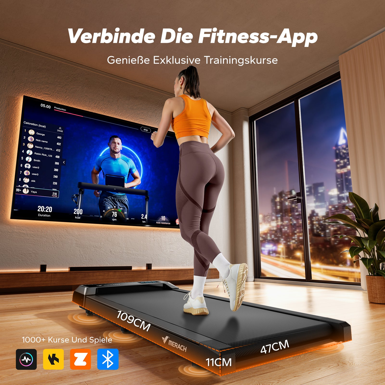 Eine Frau in Sportbekleidung läuft auf einem Laufband vor einem großen Bildschirm.