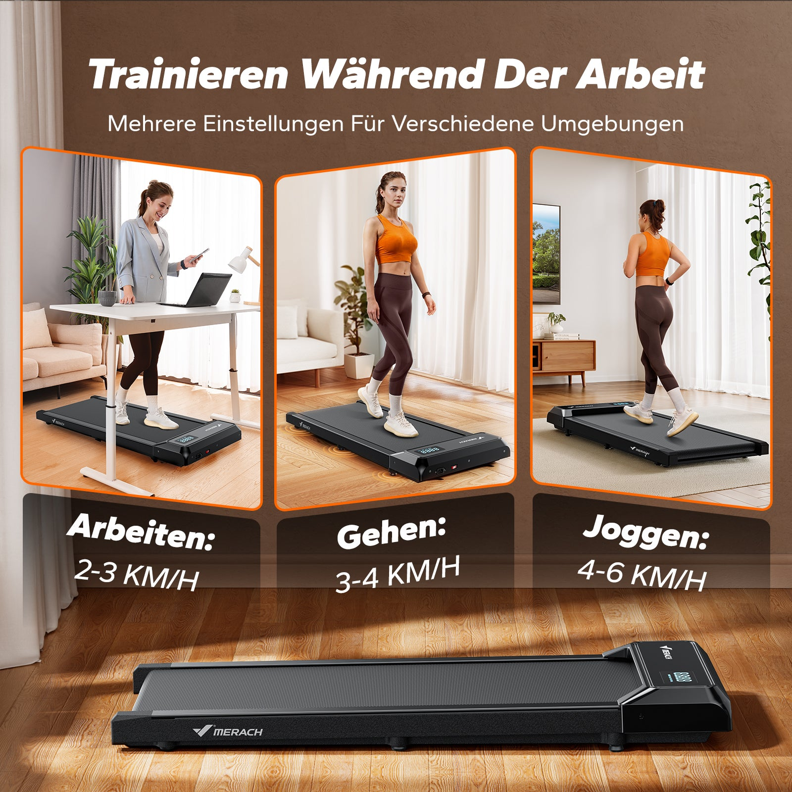 Eine Frau nutzt ein Laufband zum Arbeiten, Gehen und Joggen bei verschiedenen Geschwindigkeiten.